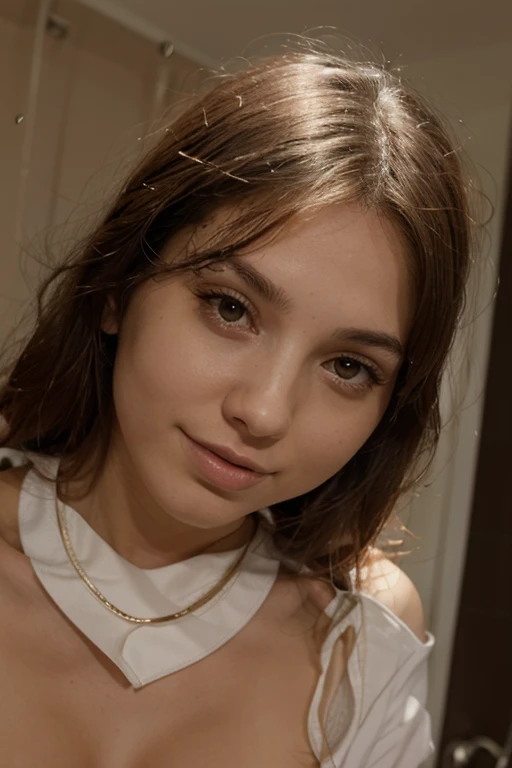 Beautiful young teen taking a selfie her face and small breast, a flimsy wet blouse with straps