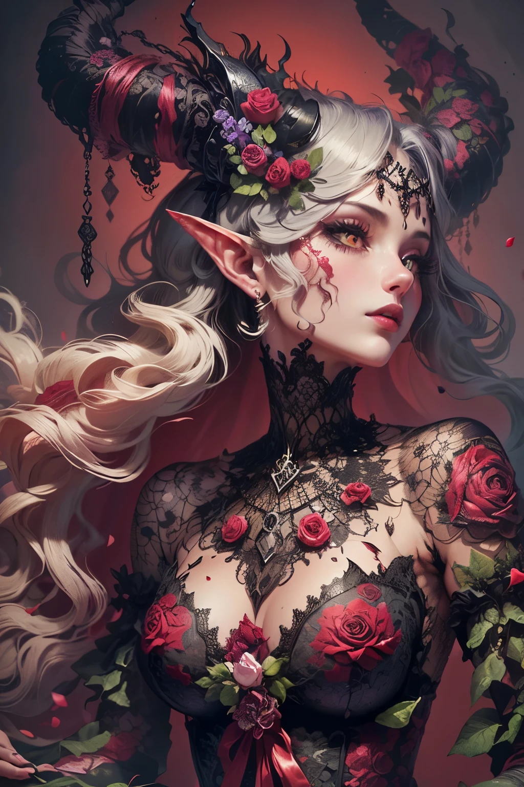 (Ultra-detailed face, Looking Away, Gothic Illustration, Dark Tone Colors.) , BREAK
(The reddish moon makes the roses glow with a deep crimson color. The park is modeled after an old-fashioned garden in the Romanesque architectural style of medieval Europe. Particles of red-colored glowing light are drifting all around.) , BREAK
(The queen of the crimson roses is gracefully twirling rose petals with both hands in bold poses and large movements. Speed Lines. She is surrounded by colorful roses and sharp thorny branches.) , BREAK
(The queen of the crimson roses wears a Venetian mask with a rose motif, mixed black and red hair and eyebrows, a crisp fringe, long wavy hair reaching to her hips, small rose lips, rosy eyes, light gray skin, and eyeliner.), and (She wears a net covering her neck and a shiny rose-colored bib necklace. She wears a classic medieval European-style lace-up dress of jet-black fabric embroidered with crimson roses. She wears rose-colored laced heels with thin rosy laces.)