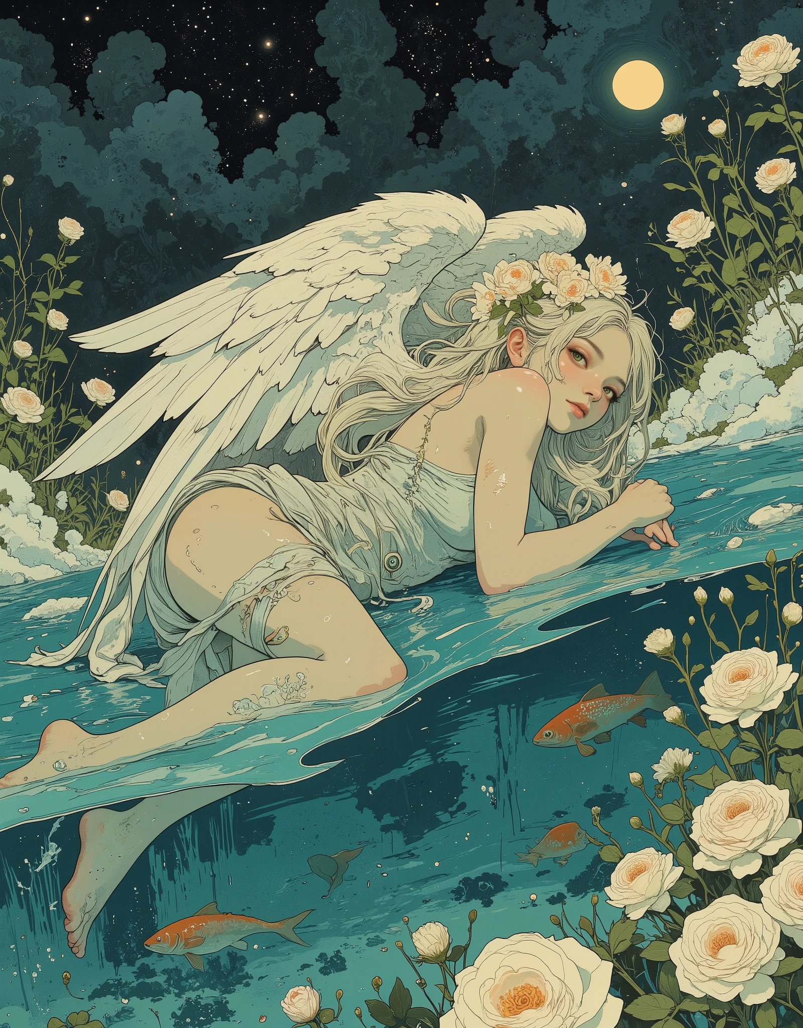 A beautiful white-winged angel lies horizontally in the water, among a multitude of snow-white roses, top view, large, beautiful light green eyes, long eyelashes, open mouth, delicate blush on pale skin, arms crossed over his chest, a branch of a beautiful plant in his hands, Translucent wet clothes, water around his body, fish, algae, pearls, sea foam, very long white hair intertwined with flowers and ribbons in bizarre strands, precious hair ornaments in the form of flowers and wings, embroidery with gold and precious stones, refined facial features, graceful beautiful regular hands, against the background of an azure lake among beautiful trees and flowers, whimsical fairy-tale flowers on the shore, inky sky after sunset, stars, moon, bright, gradient color scheme, digital art in the style of painting, symbolism, Art Nouveau, modern, fantastic realism, hand-painted, stylization, high detail,