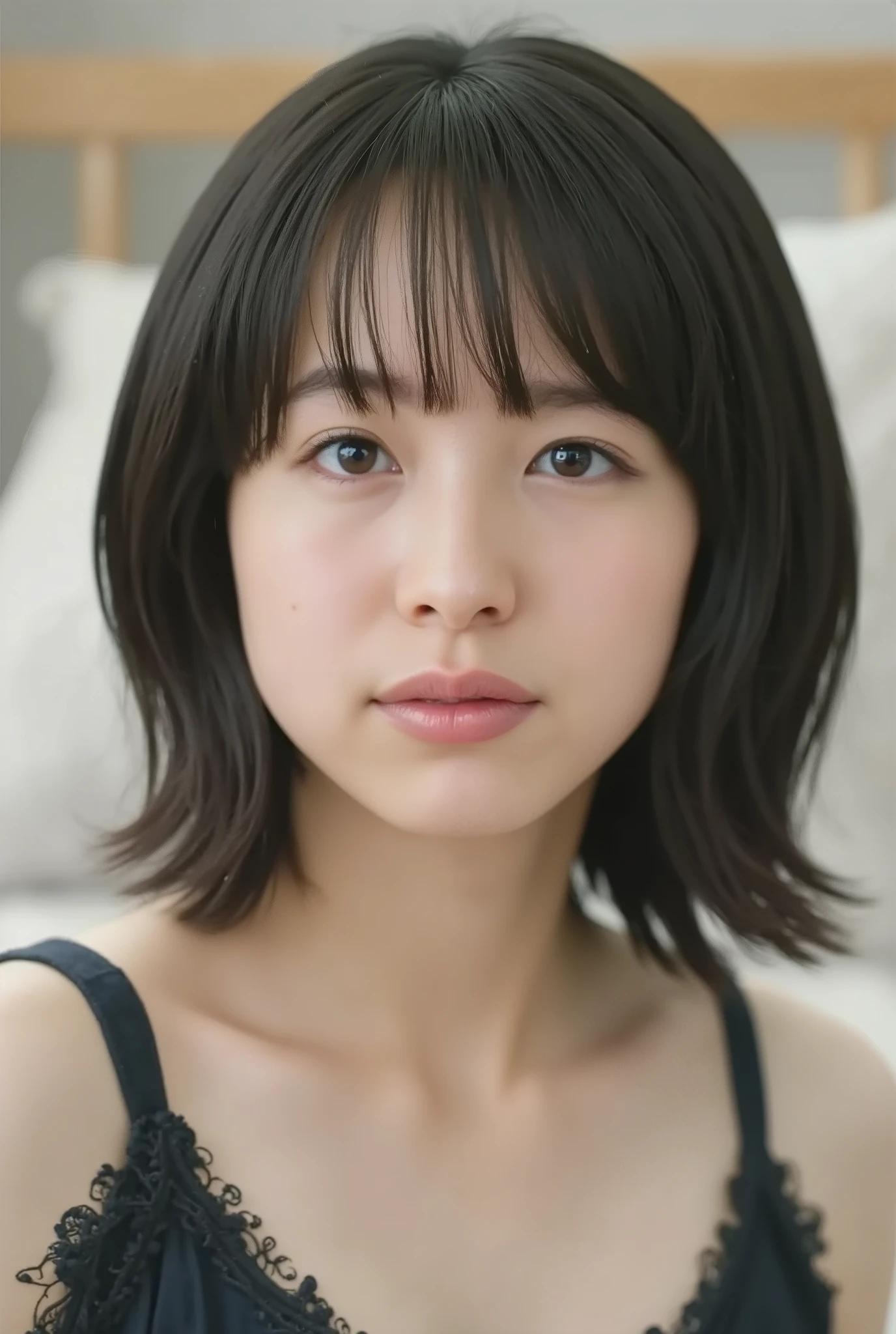 (( of the highest quality )), ((masterpiece)), ( details), First Person View ,girl, petite women, Voluptuous women ,( in the bedroom ),(((very big breasts, sexy underwear, short bob hair))), black hair , (( without makeup, small eyes))