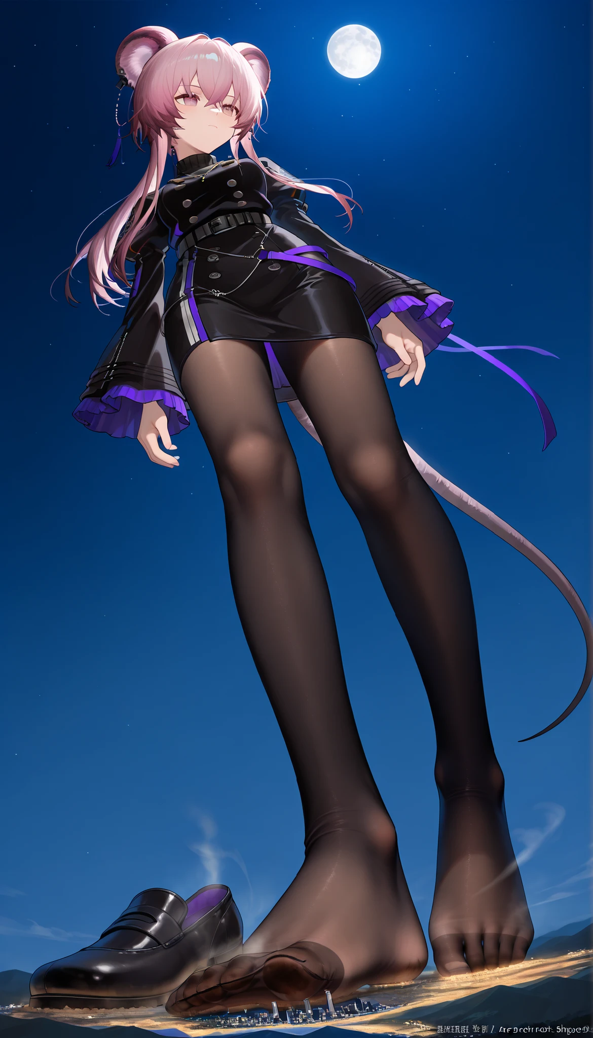 score_9_up, score_8_up, score_7_up, (giantess:1.4), microcity, (no shoes:1.3), standing, The sole of the foot with stockings, Dirty Soles, Let viewers smell their feet, without both shoes, (are not wearing shoes:1.4), Show off your legs in black tights, Trampling, 1girl, solo, Lin_Arknights, pinkeyes, arm support, black footwear, pink hair, long hair, ponytail, mouse ears, mouse tail, black pantyhose, black dress, double-breasted dress, turtleneck, necklace, long sleeves, black sleeves, purple sleeves, wide sleeves, pencil skirt, belt, purple straps, dynamic cowboy shot, best qualitymasterpiece, collapsed city, Outdoors, Night Sky, moon, night, (from below:1.1), masterpiece, best quality, masterpiece, best quality