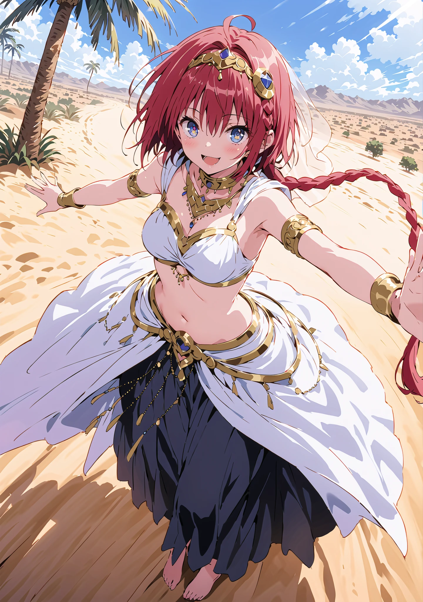 score_9, score_8_up, score_7_up, source_anime, Kurosaki's thing , stupid hair, blue eyes, Single long braid, Hair Intake, hair ornament,red hair,smile,cover,opens her mouth,Medium breast, Harem outfit, White Veil, Arabian clothing, collar , Mousebale, circlet , harem pants, bare feet,gold trim, dancer ,Palm Tree,Dancing,standing,full bodyがillustrationsに入るように,break outdoors, desert,オアシス
break looking at viewer,full body,
break (masterpiece:1.2), Best Quality, high resolution, Unity 8k 壁紙, (illustrations:0.8), (beautiful detailed eyes:1.6), very detailed face, so that it fits into the illustration, Extremely Detailed CG, (perfect hand, perfect anatomy),