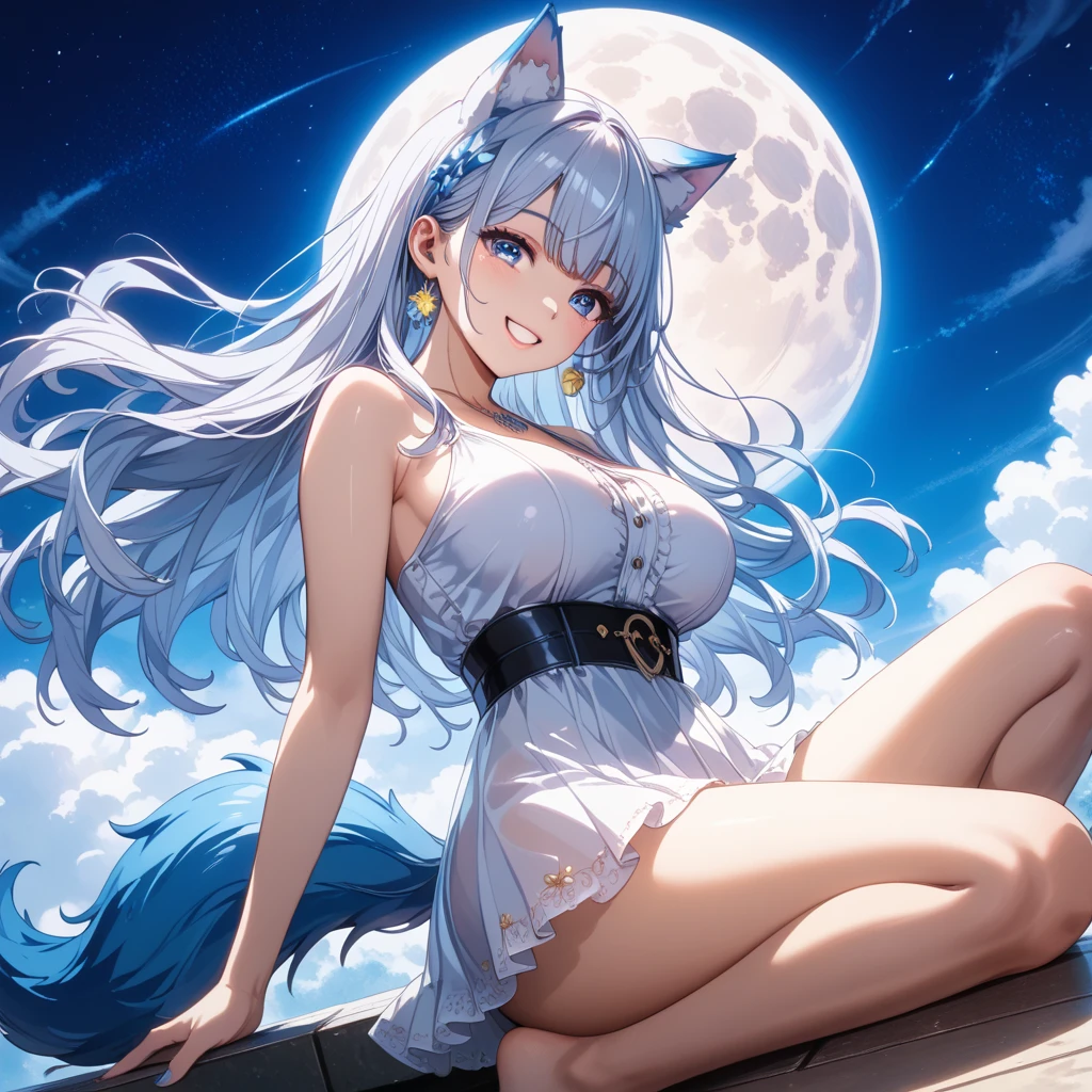(Masterpiece), (best quality), 1girl, ((angle from below)), ((from below)), ((looking down)), smirk, long hair, white hair, cat ears, blue eyes, arms up, ((big breasts)), ((wide hips)), blue latex bunny suit, skirt, moon, stars