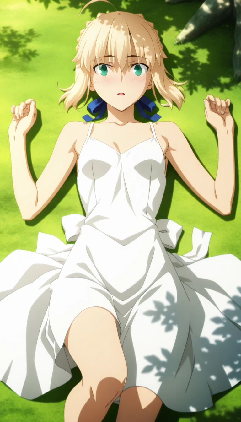 masterpiece, best quality, amazing quality, highres, absurdres, very aesthetic, high resolution, ultra detailed, perfect details, day, , outdoors, ufotable style, (dappled sunlight), , from above, sunlight, ,
1girl, ufotable style, anime style, (anime coloring:1.5), (anime screencap:1.2) ,on back, bare thigh, (hands up),
girl, slim body, slender body, ,Fate Grand Order, fate, Fate Grand Order, artoria pendragon (fate), saber (fate), blonde hair, green eyes, ahoge, hair ribbon, blue ribbon, french braid, braided bun, single hair bun, short hair, sidelocks,
(), white summer dress, (small breast), (looking at viewer), expressionless, (embarrassed), surprised, light open mouth, knee up,