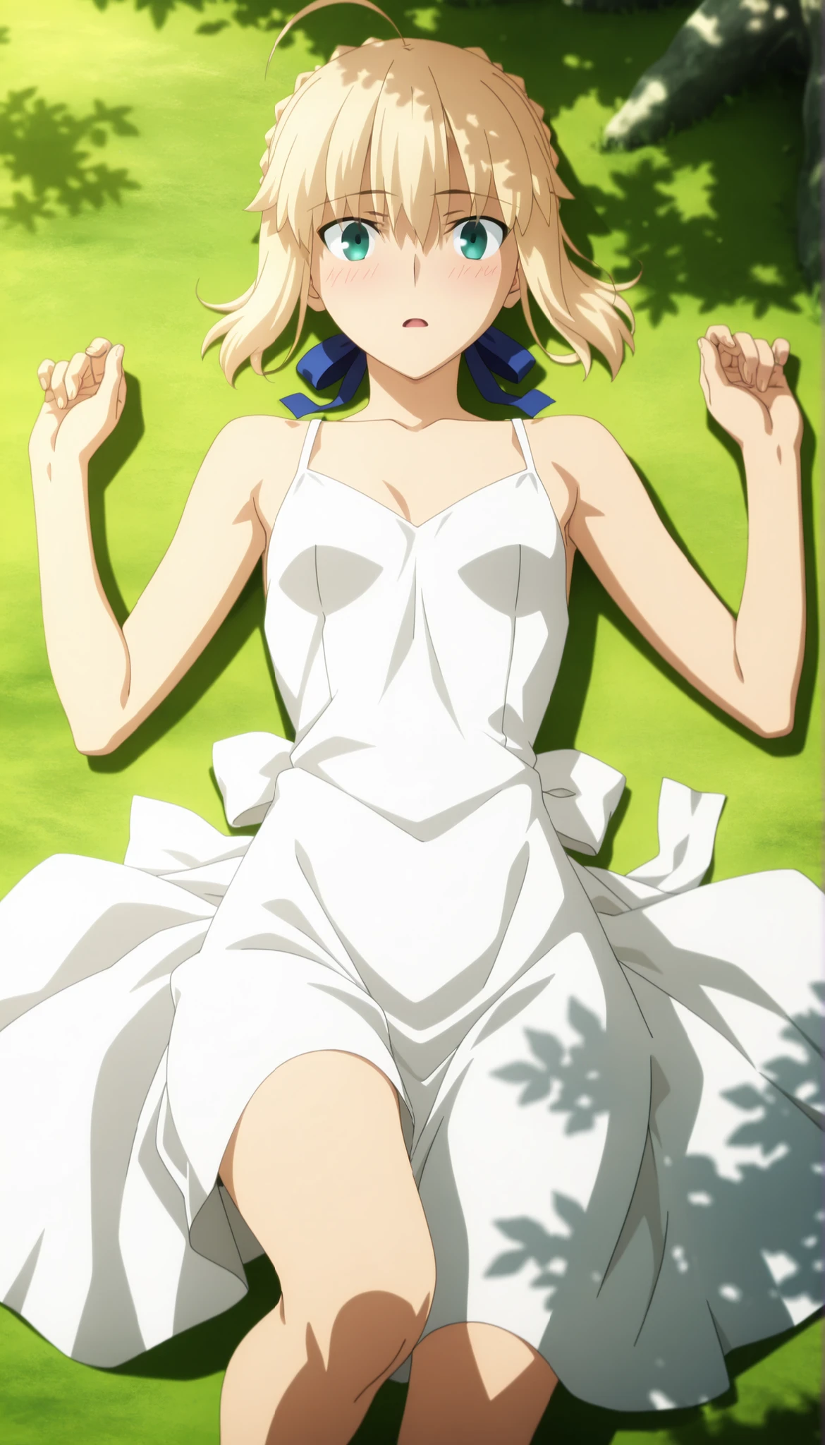 masterpiece, best quality, amazing quality, highres, absurdres, very aesthetic, high resolution, ultra detailed, perfect details, day, , outdoors, ufotable style, (dappled sunlight), , from above, sunlight, ,
1girl, ufotable style, anime style, (anime coloring:1.5), (anime screencap:1.2) ,on back, bare thigh, (hands up),
girl, slim body, slender body, ,Fate Grand Order, fate, Fate Grand Order, artoria pendragon (fate), saber (fate), blonde hair, green eyes, ahoge, hair ribbon, blue ribbon, french braid, braided bun, single hair bun, short hair, sidelocks,
(), white summer dress, (small breast), (looking at viewer), expressionless, (embarrassed), surprised, light open mouth, knee up,