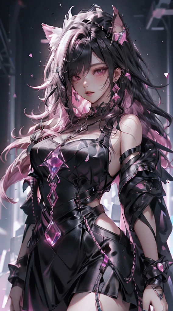 masterpiece, best quality, distinct image, 1 girl, 16 year old teenager, off shoulder stylish crop blouse, pleated and elegant skirt, knee length stockings, solo. sharp facial features, oval shaped face, cherry pink lip, lightly tanned white skin, velvet-colored eyes, tall height(175cm), slim yet chiseled body-type, dark violet-black hair, short pixie cut hairstyle, long and slender legs, curvy wide hips stretching the dress, full body image, nightlife city background, overlooking the horizon