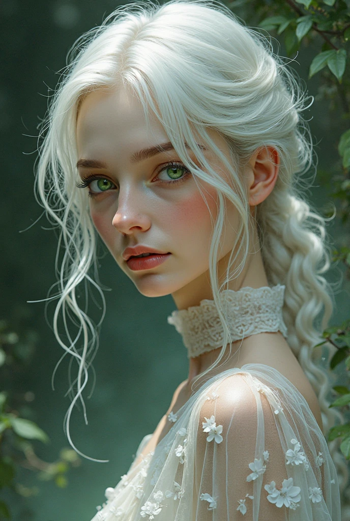 Photorealism, close up, wide angle, seen from below, a girl wears a long-sleeved shirt that is wet and torn, sagging shiet is exposinging her smooth shoulders, she has a slim body with firm, plump breasts, fair and smooth skin, grayish blue eyes , has silver hair and braids, she is sitting cross-legged in a weed field during heavy rain, she looks cold and her body and hair are soaked, in a foggy atmosphere, photon mapping,
