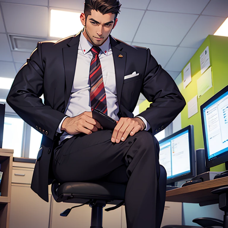 age 55,Kogoro Mouri,uncle,Tong,Bulge,Sitting in the office,Black short stockings,Slip leather shoes,lbeard,fortitude,k hd,artwork of a,an look of enjoyment,Be red in the face,There is a white liquid on the legs,opening legs,Legs straight,wear suit,The crotch is raised