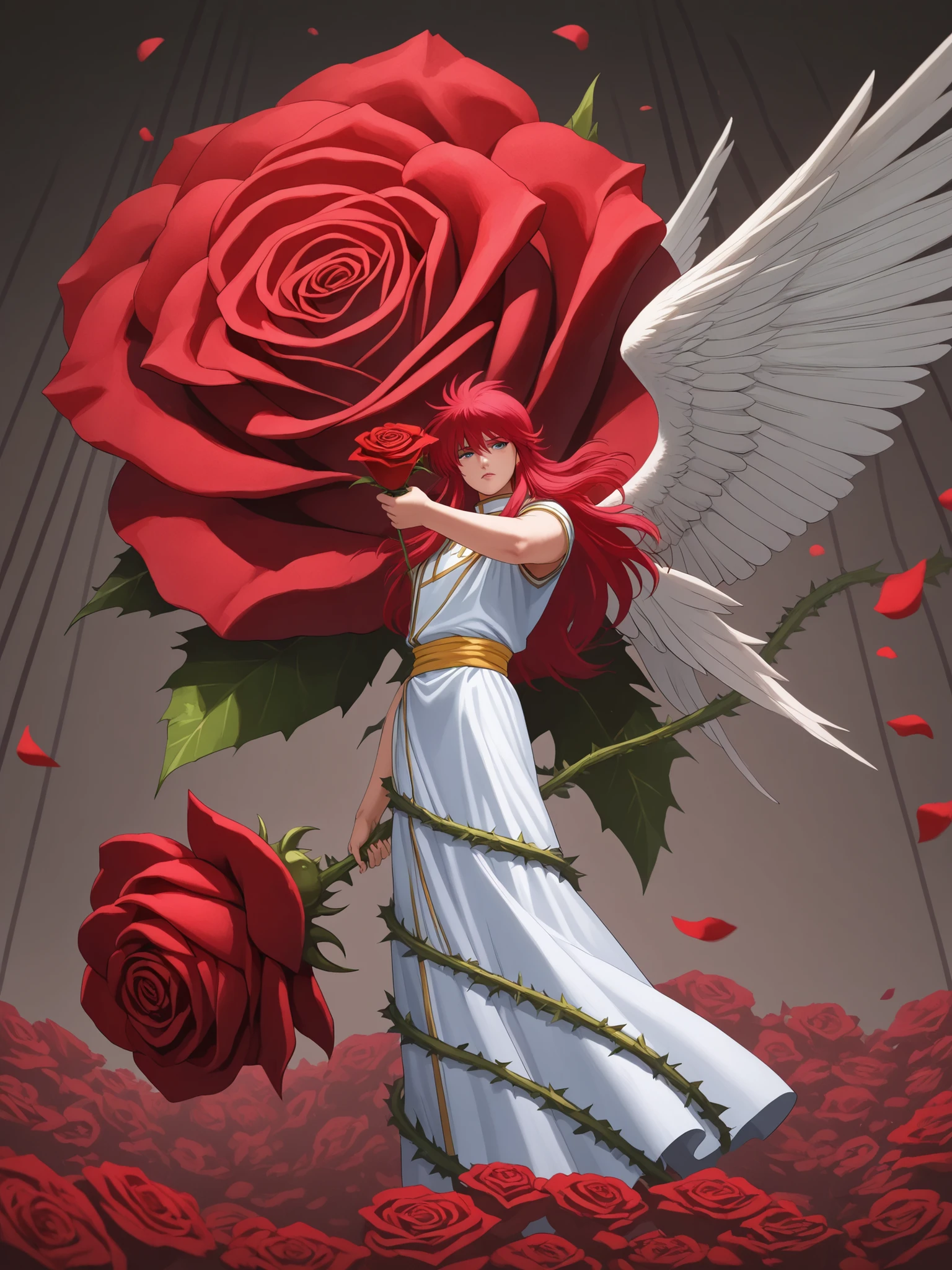 ((Best Quality)),( super high definition),(Super detailed),( detailed description ),((The best CG)),(masterpiece),(Thema:Rose Angel:1.1),break,( krm_yyh, red hair,holding a rose,ivy wrapped around body, wings on the back),(background is floating a big rose:1.5),realistic