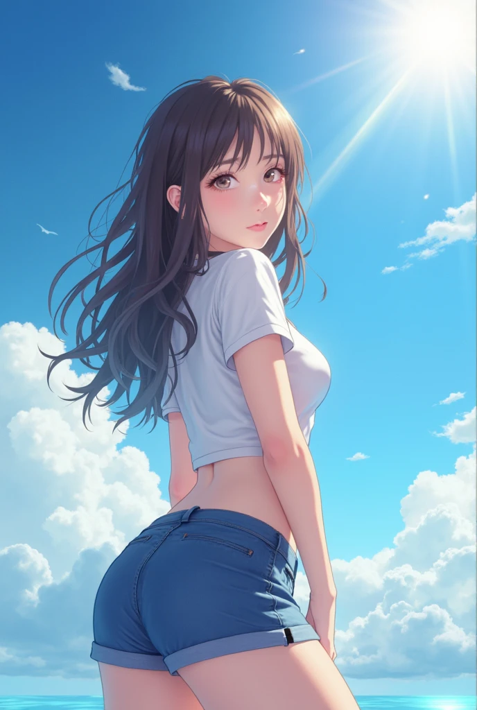 (Shoot from below:1.5), Rear Angle, (From below :1.4), (Crotch focus:1.2), (low angles:1.2), BREAK, top-quality, masterpiece, Photonic style, high-detail, 16k picture quality, beautiful a girl, Turn around and look at the camera, Depicts the whole body, Standing backwards, plump big breasts, Constricted waist, white short sleeves T-shirt, Sheer , Denim shorts, Navel Ejection, Crimson sky, Madder clouds, Dazzling sunset light, suns, Orange Sea, sand beach, Splash,