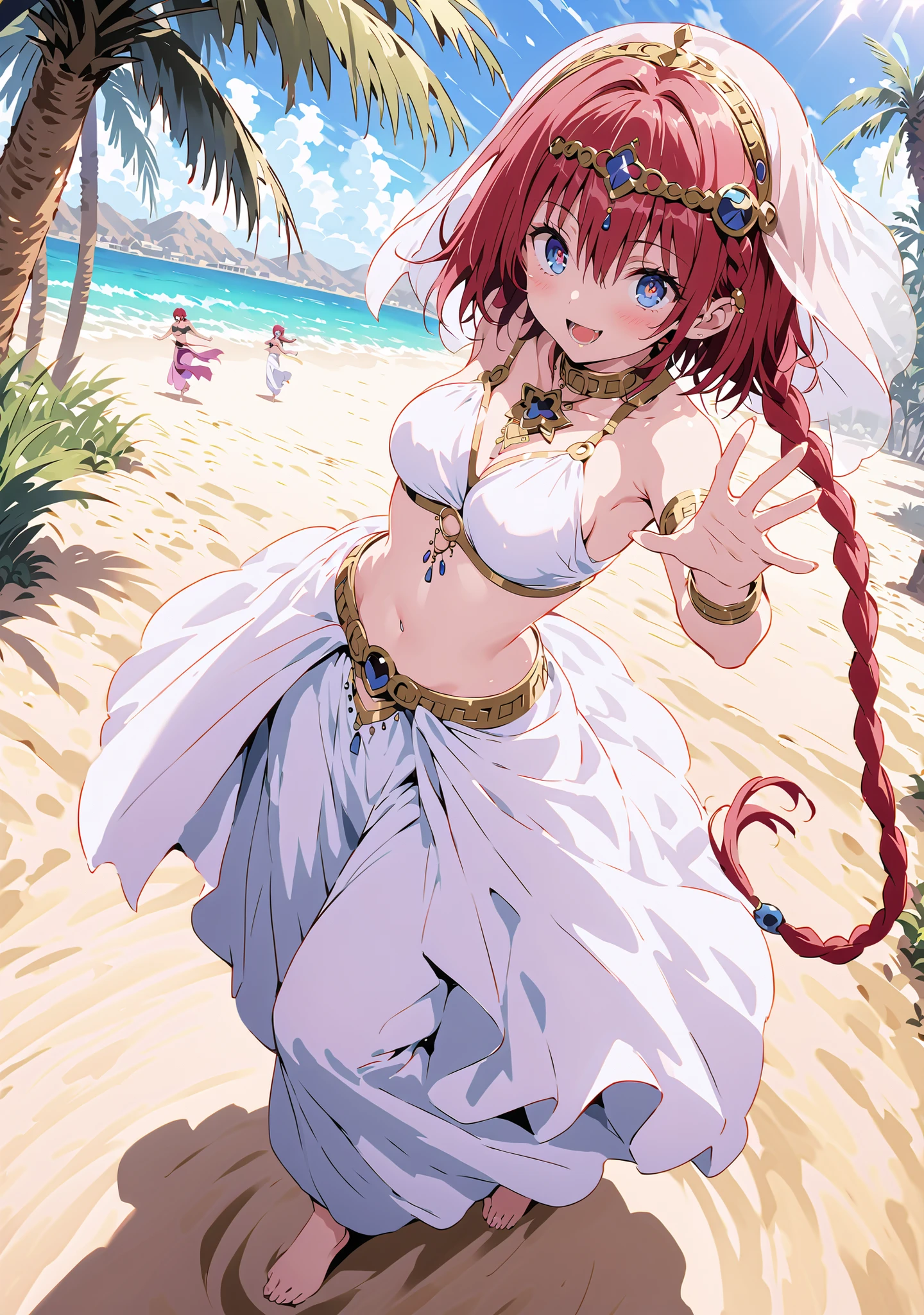score_9, score_8_up, score_7_up, source_anime, Kurosaki's thing , stupid hair, blue eyes, Single long braid, Hair Intake, hair ornament,red hair,smile,cover,opens her mouth,Medium breast, Harem outfit, White Veil, Arabian clothing, collar , Mousebale, circlet , harem pants, bare feet,gold trim, dancer ,Palm Tree,Dancing,standing,full bodyがillustrationsに入るように,break outdoors, desert,オアシス
break looking at viewer,full body,
break (masterpiece:1.2), Best Quality, high resolution, Unity 8k 壁紙, (illustrations:0.8), (beautiful detailed eyes:1.6), very detailed face, so that it fits into the illustration, Extremely Detailed CG, (perfect hand, perfect anatomy),