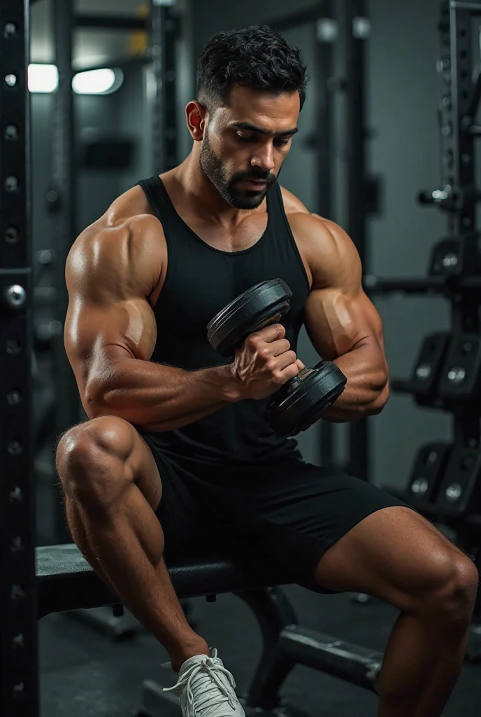 Muscular man with tattoos on his left arm doing bicep curls with weights in the gym."scenery: Gym with good lighting, him lifting weights in front of a mirror.
