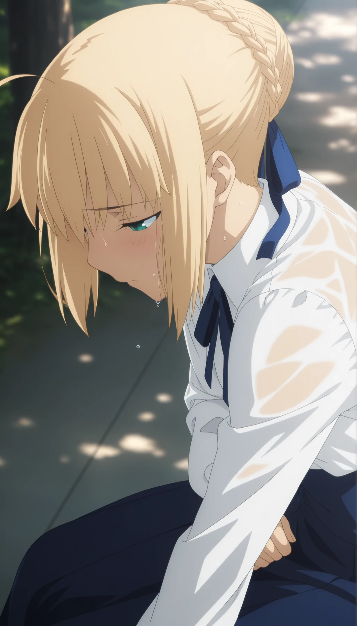 masterpiece, best quality, amazing quality, highres, absurdres, very aesthetic, high resolution, ultra detailed, perfect details, solo, day, , outdoors, ufotable style, (dappled sunlight), backlight, upper body, from side, (from above), ((leaning forward)), (sunlight), rain,
1girl, ufotable style, anime style, (anime coloring:1.5), (anime screencap:1.2) , (see-through), ((face down, turning face away)), wet body,,
girl, slim body, slender body, ,Fate Grand Order, fate, Fate Grand Order, artoria pendragon (fate), saber (fate), blonde hair, green eyes, ((half-closed eyes)), ahoge, hair ribbon, blue ribbon, french braid, braided bun, single hair bun, short hair, sidelocks, sitting, arm under breasts, ,
(), neck ribbon, blue ribbon, white shirt, collared shirt, long sleeves, blue skirt, high-waist skirt, long skirt, black pantyhose, (bra), (small breast), (looking down), expressionless, (embarrassed), ,