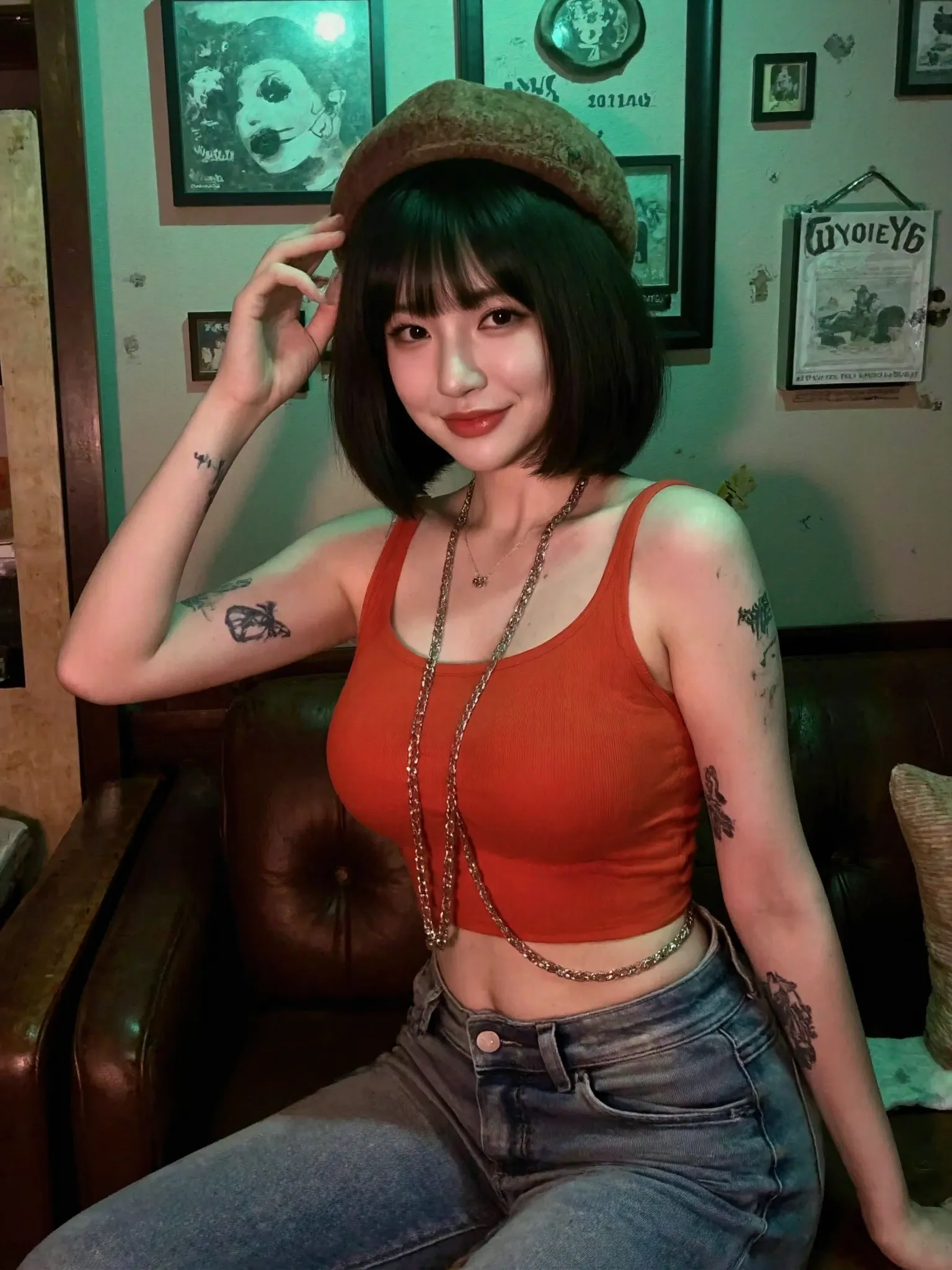 Orange Hair Girl、Bikini and denim pants look great together、Squid tattoo on shoulder、