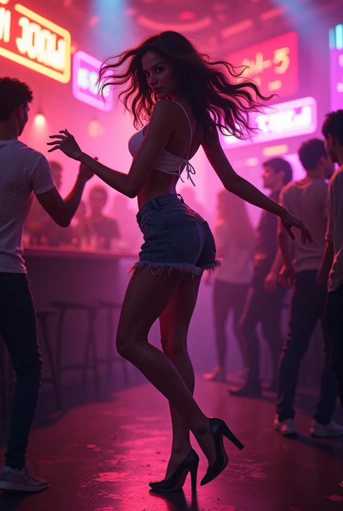 Real photo, best camera, nightclub atmosphere, One beautiful and sexy girl dancing reggaeton full body miniskirt white