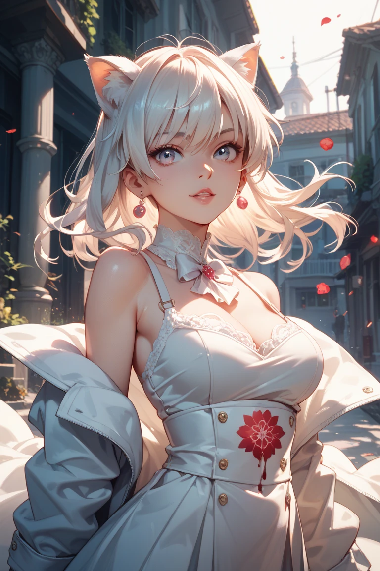 (best qualityer:0.8), perfect anime illustration, 1 girl, in front, gazing at viewer, NoelleHoliday, White hair, red short skirt, Red strappy sleeves, white blouse, purples eyes, big hair, medium breasts((she holding one of her breasts))