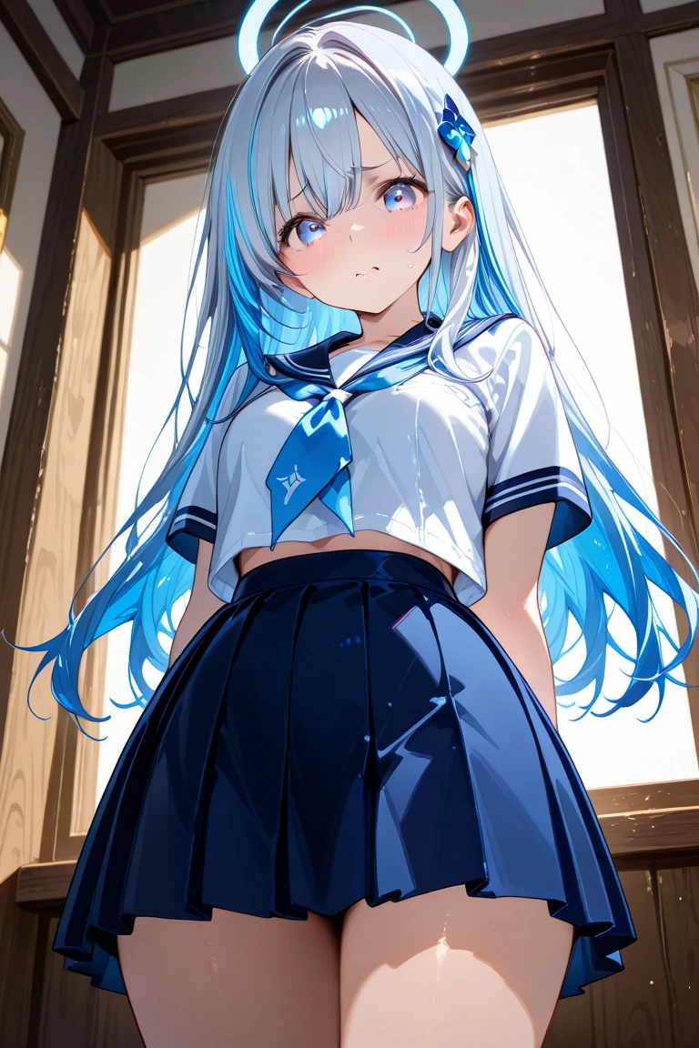 realistic, masterpiece, best quality, high definition, sa1, high school girl, single, solo girls' changing room, sweat-soaked blue sea hair, blue eyes, sweat-soaked school uniform, (pantyhose), white shirt, big tits, skirt, black skirt, navy blue high socks, sweat-wet skin