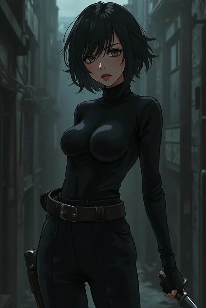 Fubuki from one punch man, deep green hair, wearing V-neck bodysuit, sitting on a destroyed city, cinematic shadow, cinematic fog, blushing cheeks, blush expression, dynamic pose, big breast, big hips, NSFW, side view,