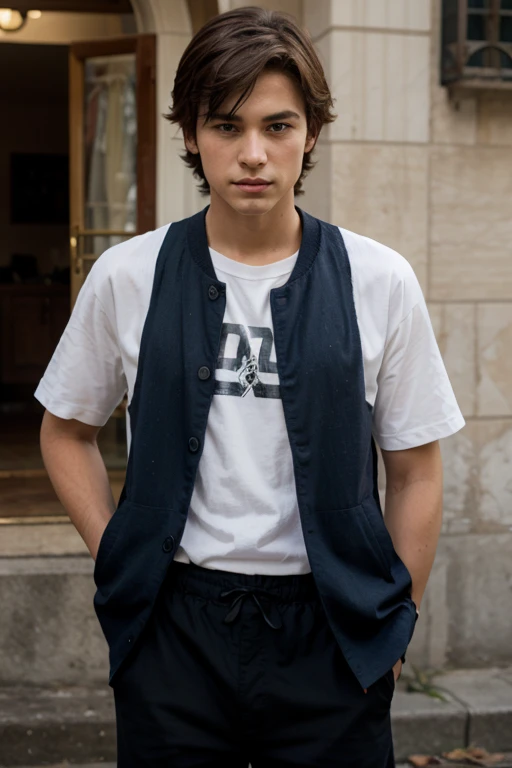 Boy, black hair, black eyes, blue high-neck blouse, white Men's shorts .