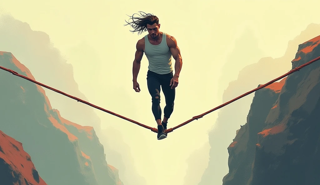 A man balancing on the rope with two hand holding weight in hand image should look like drawings