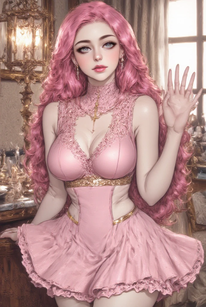 (This is a beautiful, intricate, (romatic) fantasy image that emphasizes beauty and grace.) Generate a blind curvy woman with soft natural freckles. Her face is important and should be (perfectly formed) with (beautiful puffy lips) and (perfect features). There is a cute freckle birthmark on her lip. The image exudes ethereal beauty and soft fantasy, with shimmering shades of pink throughout. Surround her with eternal roses in shimmering shades. Ensure perfection in her face, hair, and eyes. Include sweet and detailed birds and soft, luminous flowers and detailed roses. Utilize dynamic composition and dramatic lighting and cinematic lighting to create an interesting fantasy image. The background of the image is interesting and ultra-detailed, with soft fantasy lighting and gradients. Include fantasy details, cute aura, colorful, colourful, and interesting magical background. ((pretty room)), ((bed)), The image's background is decorated in shades of pink, shimmer, glitter, and fantasy details like colored bubbles and cosmos. Include subtle freckles, natural freckles and a diffused realistic skin tone. Incorporate elements of high fantasy, whimsy, and detailed elegance. English rose, princess, courtesan, noblewoman, sweet, lovely, calm, lovely, shimmering, glimmering, glittering, astrological fantasy, (((masterpiece))), (highest quality), magic rose, fantasy garden, beautiful face, perfect face, puffy lips, interesting, shy smile, fantasy elements, magic rose, beautiful eyes, perfect puffy lips, jewel tones, luminosity. Taken with a canon camera.