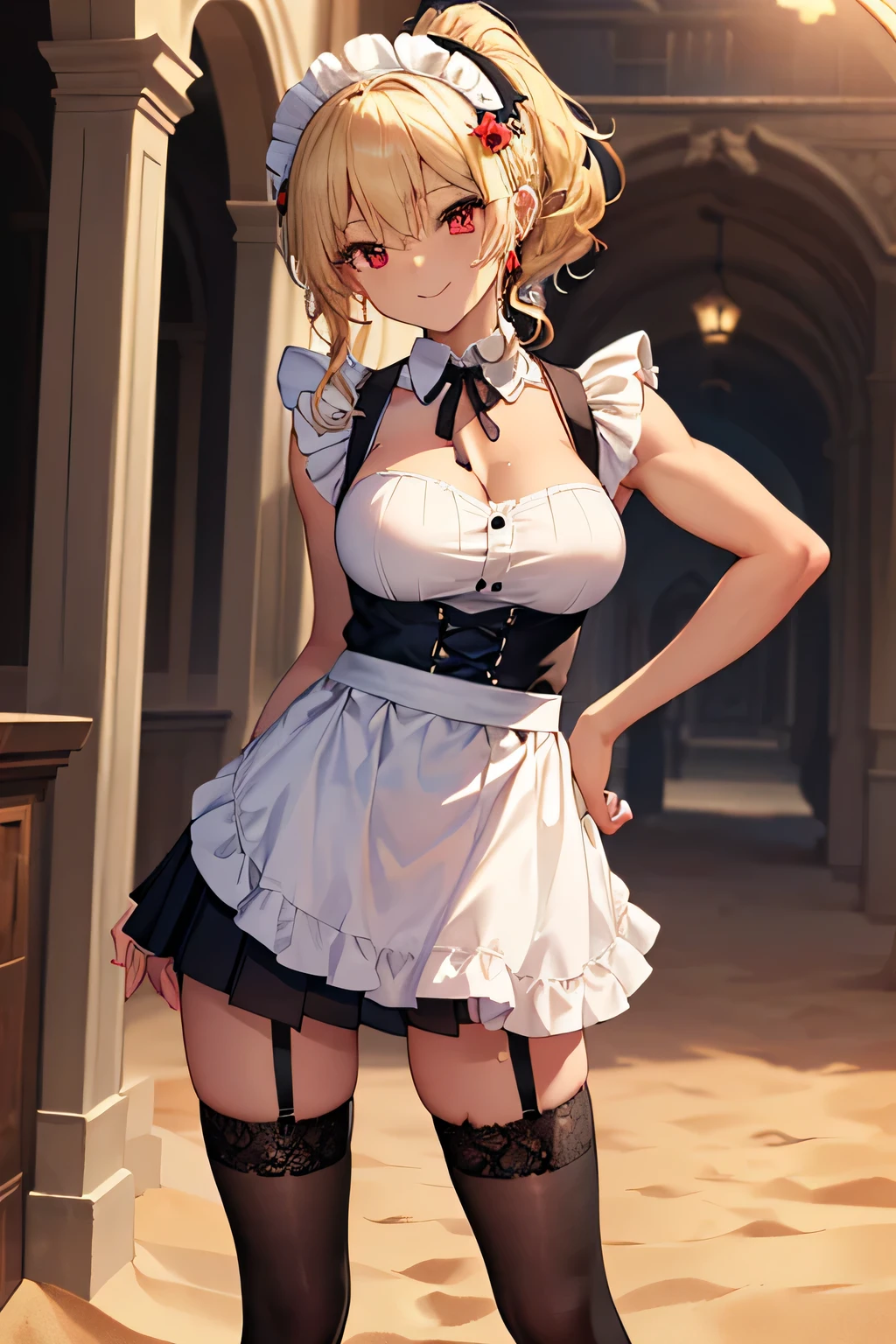 ((masterpiece, highest quality, Highest image quality, High resolution, photorealistic, Raw photo, 8K)), Ultra Wide Angle, blonde, maid dress, mini skirt, medium hair, onnanoko, (cleavage:1.3), (side boob:1.2), (wide waist:1.2), sexy thighs, naval, loose appron, sad, blushing, (small breast:1.2), (breast gap:1.4)