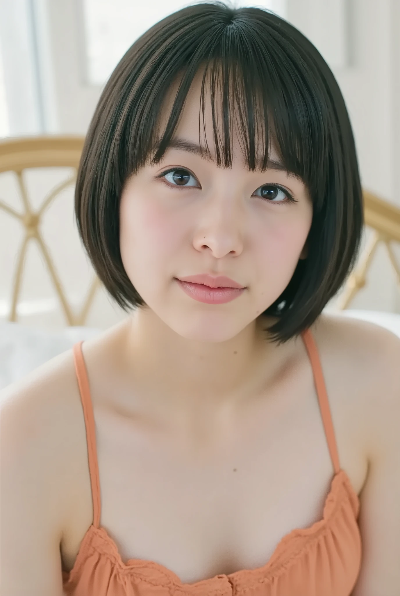 (( of the highest quality )), ((masterpiece)), ( details), First Person View ,girl, petite women, Voluptuous women ,( in the bedroom ),(((very big breasts, sexy underwear, short bob hair))), black hair , (( without makeup, small eyes))