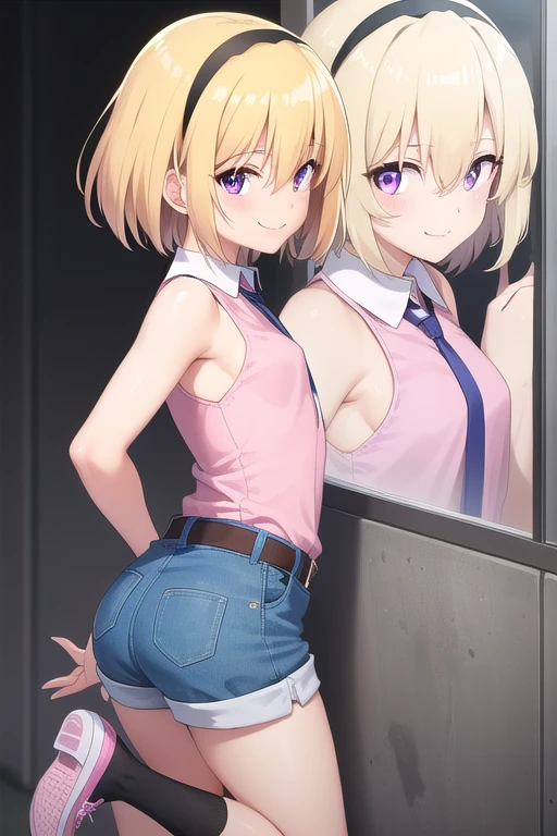 Cute naughty martial artist, Pastel colors hair, (huge breasts:1.5, Thighs:1.2, thick legs:1.2, curvy:1.2), yellow orange hair, (undercut:2.0, short two side up:1.2, medium hair:1.8), (naked:1.4), standard height, (blush:1.2, fang:1.2, ;d), at the adventurer's guild, A bulletin board with posted paper, fighting stance