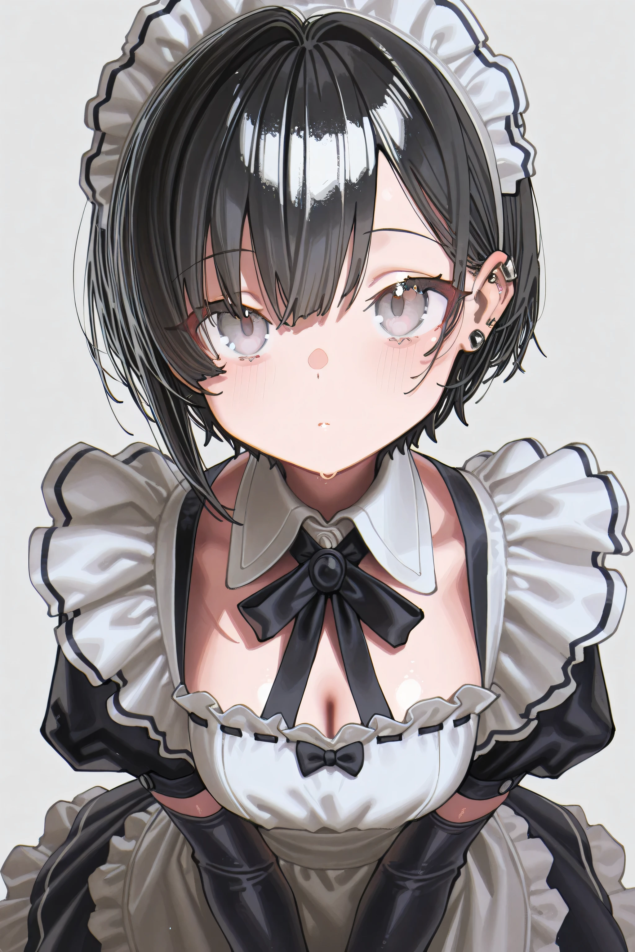 kmj-anonstyle, [artist:yoneyama mai], [artist:kanzarin], [artist: ekrea_jan], masterpiece,best quality,amazing quality, 748cmstyle, solo, eye focus, black hair, grey eyes, piercings, maid outfit, short hair, beautiful face, looking at viewer, elegant, detailed eyes, frilly maid dress, simple background
