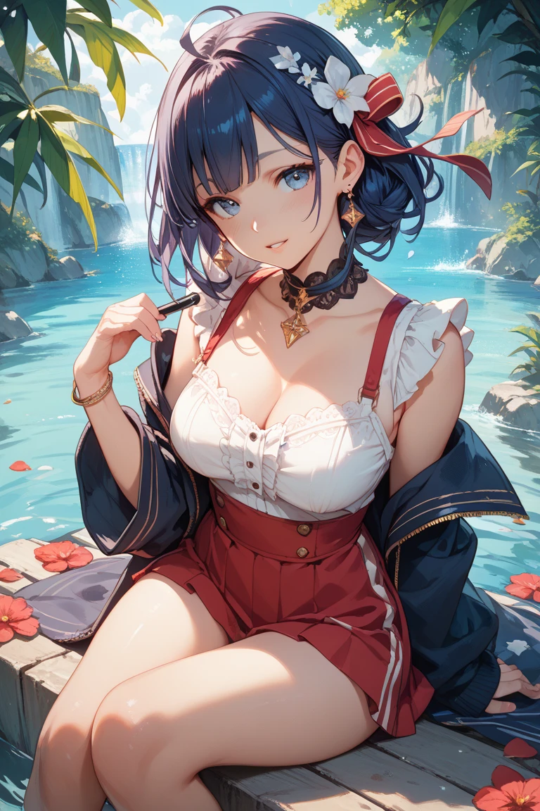 (Very good image quality), 1 girl Emerald green hair, long twin tails hair, back braid, low braid, bangs covering one eye, white veil, beret, silver tiara, yellow eyes, black blindfold, (chain) (bracelet with chain), (leg rings with chains)(chain connected to the wall), fully extended arms, fully extended legs, magical girl, off-shoulder, Kimono over bikini,pleated skirt, spreading skirt, bikini that can be worn inside, lace fabric bikini, black bikini, garter belt, Thigh-high socks, exhaustion, blushing, sweatyumekawa,yumekawaii,pastel color,(wonderland garden:1.3),rainbow waterfall,dripping ink,imagination,(Castle:1.4),