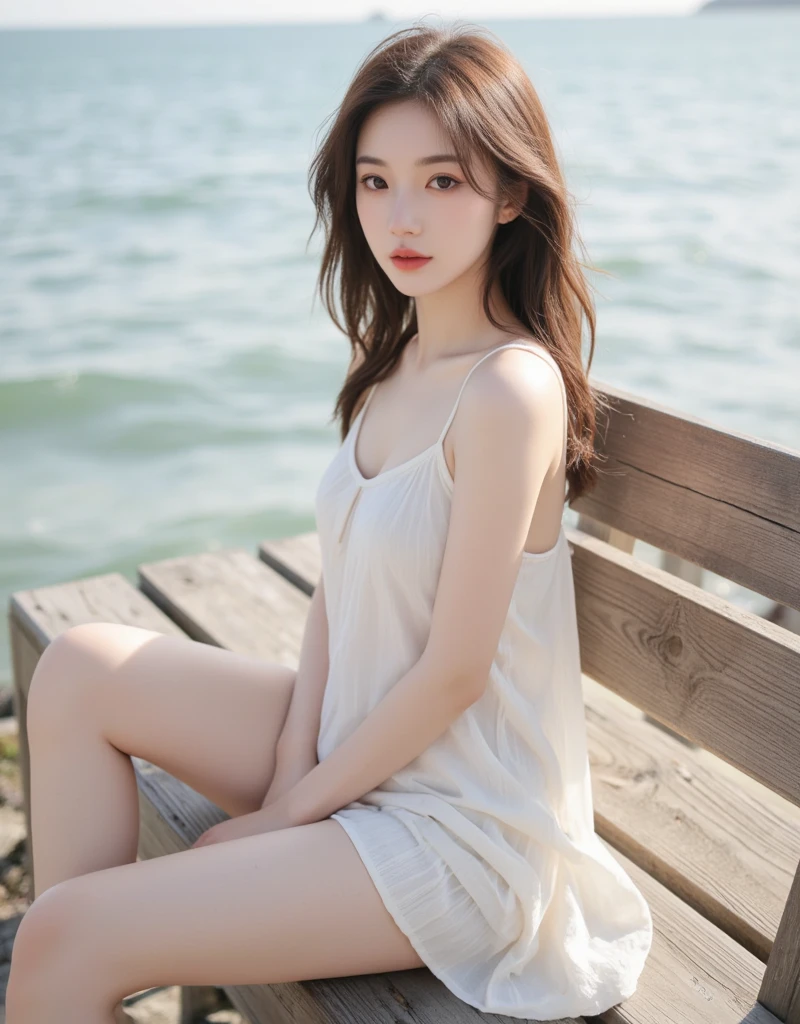 ((top quality, 8k, masterpiece: 1.3, raw photo)), Sharp Focus: 1.2, (1 aespa girl: 1.2), (Realistic, Photorealistic: 1.37), (face focus: 1.1), cute face, tenderness, small breasts, flat chest, short messy hair, white shirt, skirt, beautiful woman sitting by the seaside at sunset, spread legs, sunlight, movie lighting
