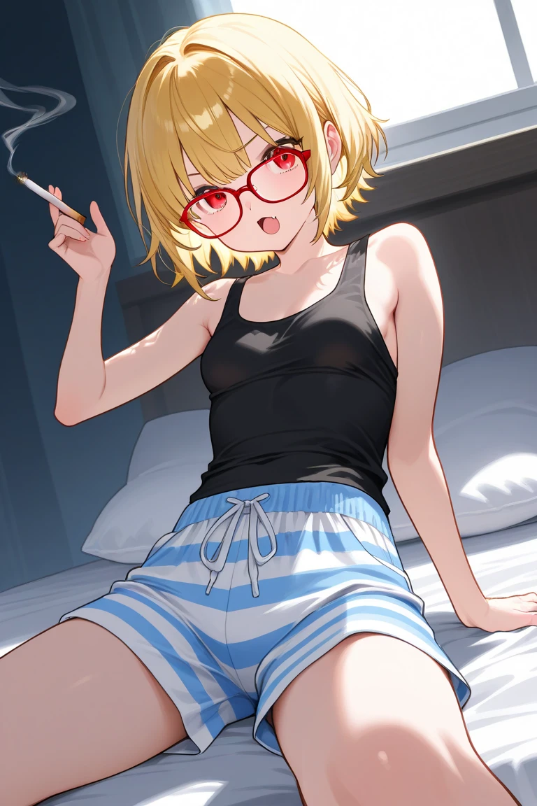 Girl, short curly blonde hair, round glasses, red nose, light green short-sleeved T-shirt, blue shorts, exposed stomach, long nose, big breasts, sleeping, open mouth