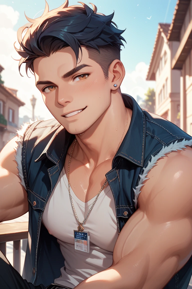 1 boy,Handsome,tall and strong,perfect male figure, eyes looking at camera, shirtless ((tanned skin)), street,silver hair,serious expression,necklace,Ray tracing, smiling