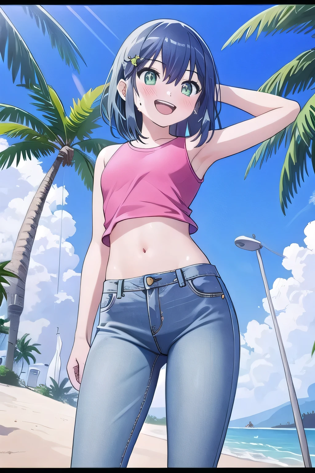masterpiece, best quality, ultra detail, ((Perfect Face, perfect eyes, perfect hair, perfect arm)), 1girl, o, petite, ((round face, ecstasy, orgasm face, drooping eyes, shame smiling, blush)), dropping eyes, sleepy, Open mouth, ((White teeth)), background((under the beach, (day:1.2), palm tree, bright sky)), kurokawa_akane, (green eyes:1.2), (blue hair:1.2), crossed bangs, hair between eyes, hair ornament, (short hair:1.4), (straight hair:1.7), ((arms behind head, hands behind head, fingers behind head)), ((contrapposto)), spread armpits, looking at viewer, (pink tank top:1.2), (pink crop top:1.2), (jeans pants:1.2, flares jeans:1.2, skinny jeans:1.2, blue jeans:1.2), standing, (legs spread:1.4), sex pose, Sweaty crotch, Steam from the crotch, from below, whole body