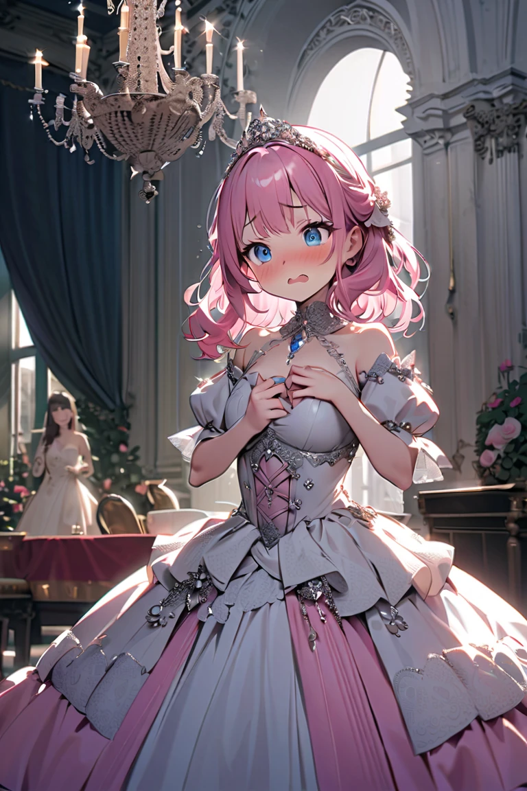 20 years old girl, short purple-pink hair, pink eyes, always smiling, wearing a black pink short wedding dress