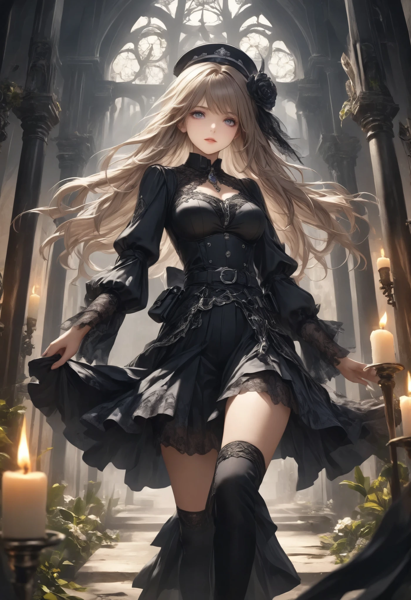 Gothic Dark Fantasy, Explorers of the Underworld, solo, and I'm standing at the entrance to the underworld with a candle, Rococo Architectural Style, A facility equipped with a trapeze,(Dancer's Past Life Bank, Moulin Rouge Flower Shape,)Soul Occupation is a Female Police Officer, detailed and beautiful face,