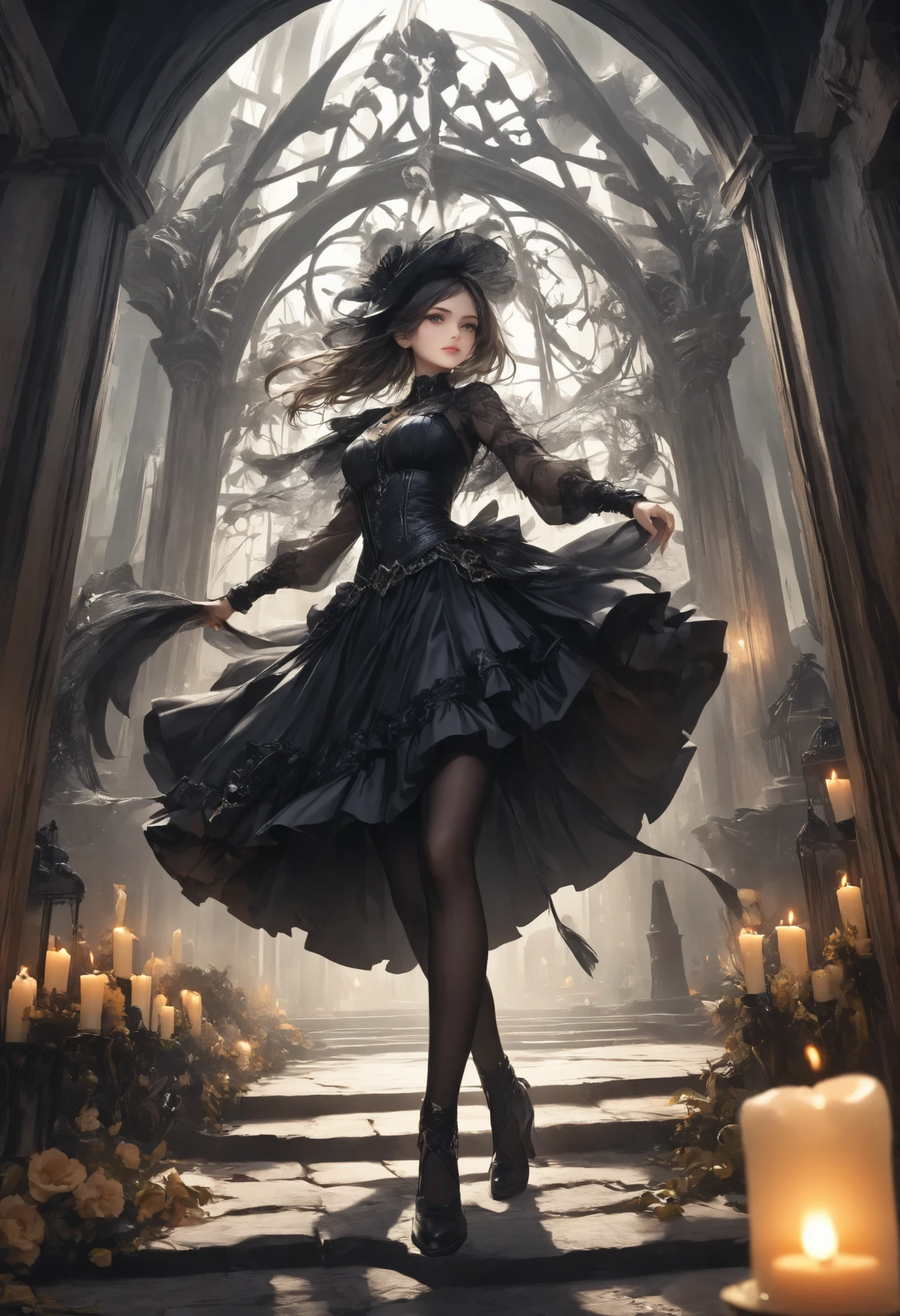Gothic Dark Fantasy, Explorers of the Underworld, solo, and I'm standing at the entrance to the underworld with a candle, Rococo Architectural Style, A facility equipped with a trapeze,(Dancer's Past Life Bank, Moulin Rouge Flower Shape,)Soul Occupation is a Female Police Officer, detailed and beautiful face,