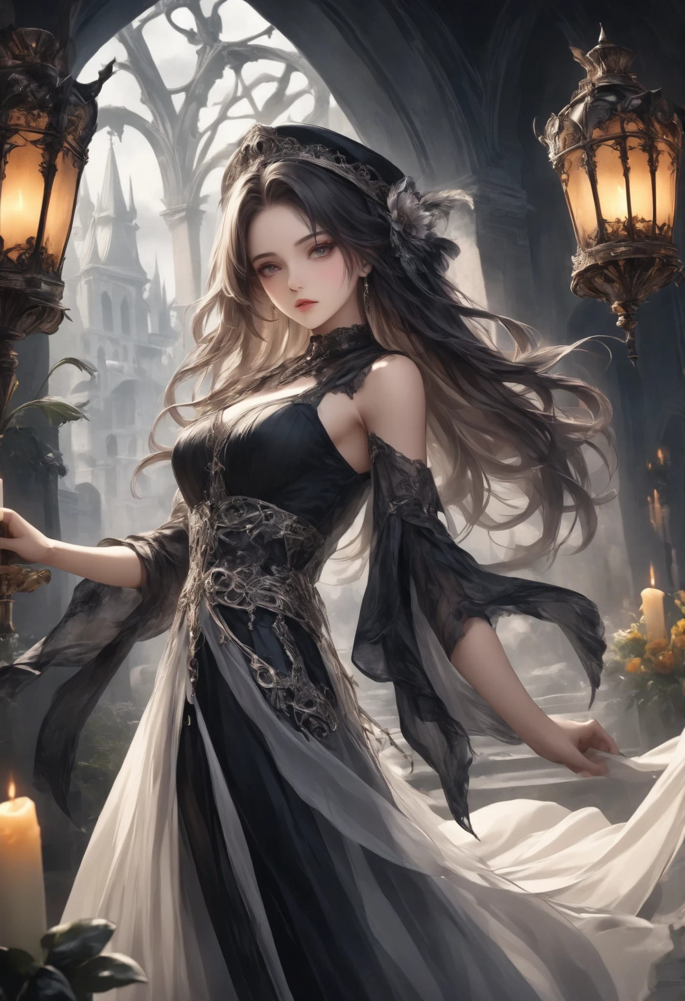 Gothic Dark Fantasy, Explorers of the Underworld, solo, and I'm standing at the entrance to the underworld with a candle, Rococo Architectural Style, A facility equipped with a trapeze,(Dancer's Past Life Bank, Moulin Rouge Flower Shape,)Soul Occupation is a Female Police Officer, detailed and beautiful face,