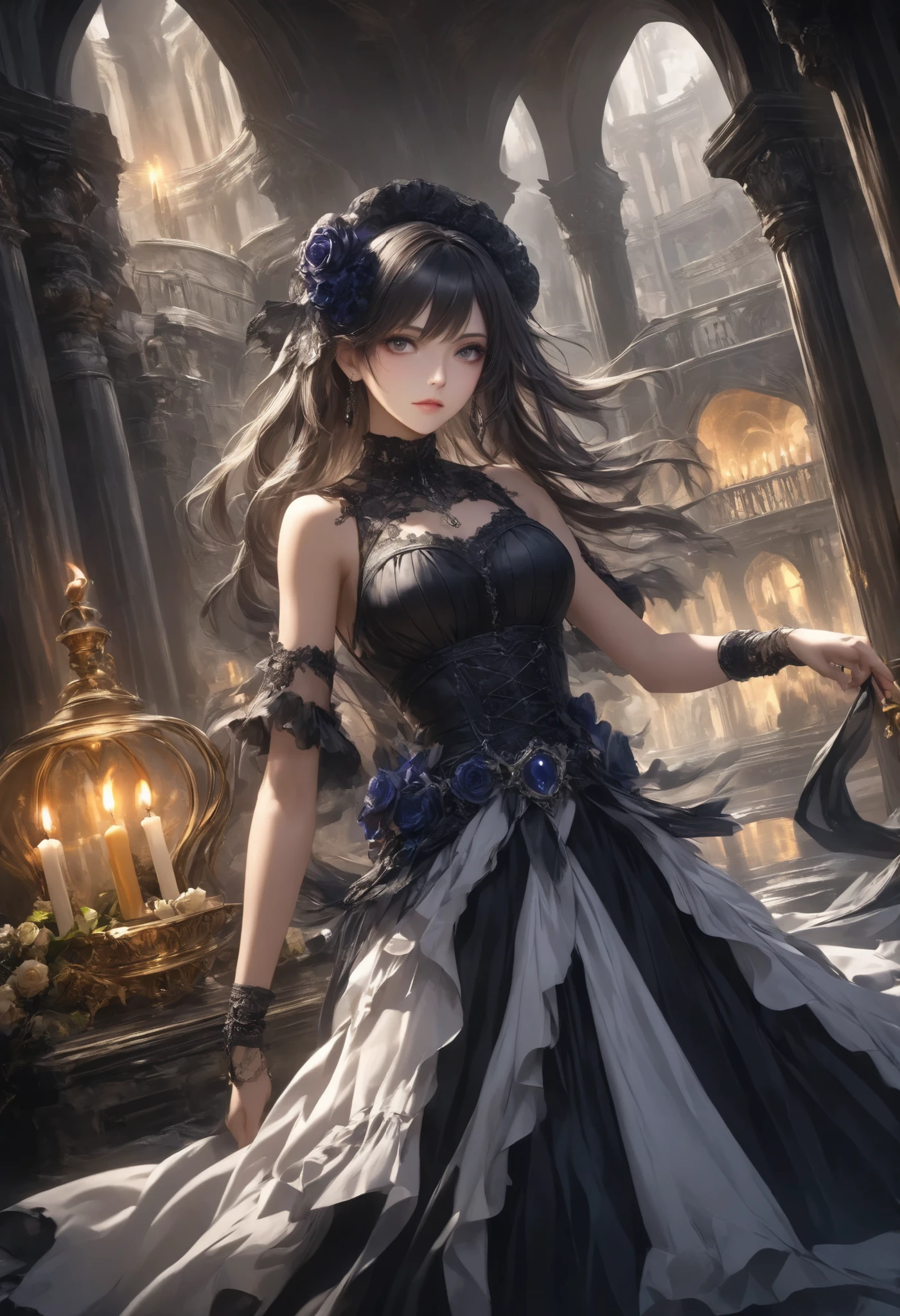 Gothic Dark Fantasy, Explorers of the Underworld, solo, and I'm standing at the entrance to the underworld with a candle, Rococo Architectural Style, A facility equipped with a trapeze,(Dancer's Past Life Bank, Moulin Rouge Flower Shape,)Soul Occupation is a Female Police Officer, detailed and beautiful face,