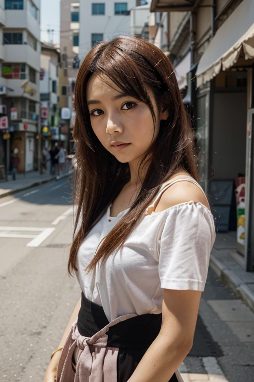 highest quality, face focus, soft light, ultra high resolution, (realistic:1.4), Raw photo, 1 Japanese girl, alone, cute, (pupil, There's a light in my eyes), detailed beautiful face, (small box),(High resolution details of human skin texture), (long hair), indoor, damask shirt dress, (portrait), (((red lip))), (((streetsnap))), (((full body shot))),
