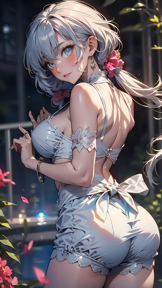 ethereal vampire, soft fair skin, white hair, white eyes, pink corset, white tight clothing, thigh-highs, bubble butt, huge breasts, starlight, cotton candy, lolita fashion, thighs, artstation, trending, ultra HD, 4k, detailed anatomy, (shiny skin), ((oiled skin)), dramatic lighting, high contrast, kawaii, skin indentation, delicate, high quality unreal engine 5, pretty , ultra realistic style, detailed face, flower accessory, soft pastel background color, art by sakimichan, uncovered, Unreal Engine 5, Cinematic, Color Grading, portrait Photography, Ultra-Wide Angle, Depth of ield, hyper-detailed, beautifully color-coded, insane details, intricate details, beautifully color graded
