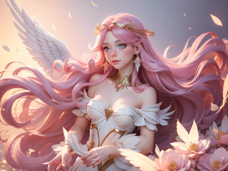 ((highest quality)), ((masterpiece)), (be familiar with), perfect face、(highest quality, 4K, High resolution, masterpiece:1.2), super detailed, realistic, radiant lighting, 25old angel, white big wings、both wings、portrait, fantastic colors, Fine art, existence of ether, dream-like, be familiar with顔の特徴, shining eyes, angel beauty, fantastic shine, mythical creatures, harmonious composition, dazzling colors, stunning visual effects, Otherworldly appearance, captivating artistry,front、smile、kind、eyes are blue、long eyelashes、smile、体の向きをfrontに、hair is wavy、white clothes that cover the skin、pink hair、long hair、curly hair、Gold tiara、gold necklace、looks happy、I'm in a rose field、wearing a veil、