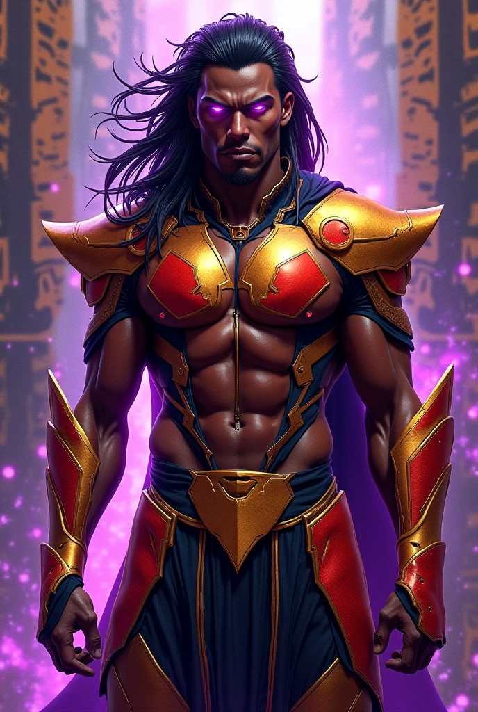 (full body:1.2), 1boy, man, masculine, solo, [:creative costume design,:0.2] druid, (african, dark skin:0.6), deep thistle hair, (muscular:1) build, Meeting Rooms \(room\) in a sprawling,magical scifi settlement beyond the beginning of the multiverse<lora:EnvyBetterHiresFixXL01:0@0,0@.49,1@.5:hr=1>