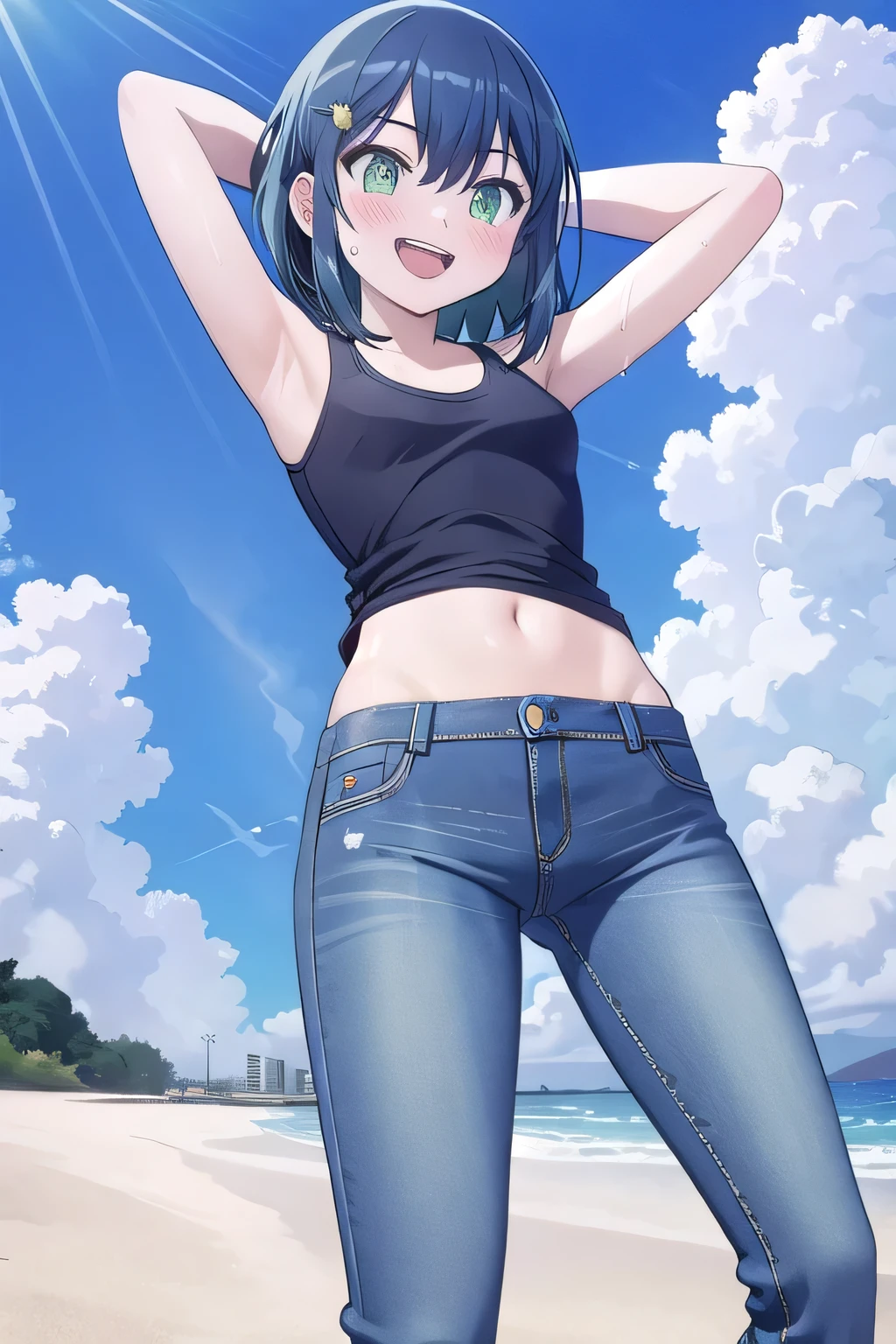 masterpiece, best quality, ultra detail, ((Perfect Face, perfect eyes, perfect hair, perfect arm)), 1girl, o, petite, ((round face, ecstasy, orgasm face, drooping eyes, shame smiling, blush)), dropping eyes, sleepy, Open mouth, ((White teeth)), background((under the beach, (day:1.2), ocean, bright sky)), kurokawa_akane, (green eyes:1.2), (blue hair:1.2), crossed bangs, hair between eyes, hair ornament, (short hair:1.4), (straight hair:1.7), ((arms behind head, hands behind head, fingers behind head)), ((contrapposto)), spread armpits, looking at viewer, (white tank top:1.2), (white crop top:1.2), (jeans pants:1.2, flares jeans:1.2, skinny jeans:1.2, blue jeans:1.2), standing, (legs spread:1.4), sex pose, Sweaty crotch, Steam from the crotch, from below, whole body