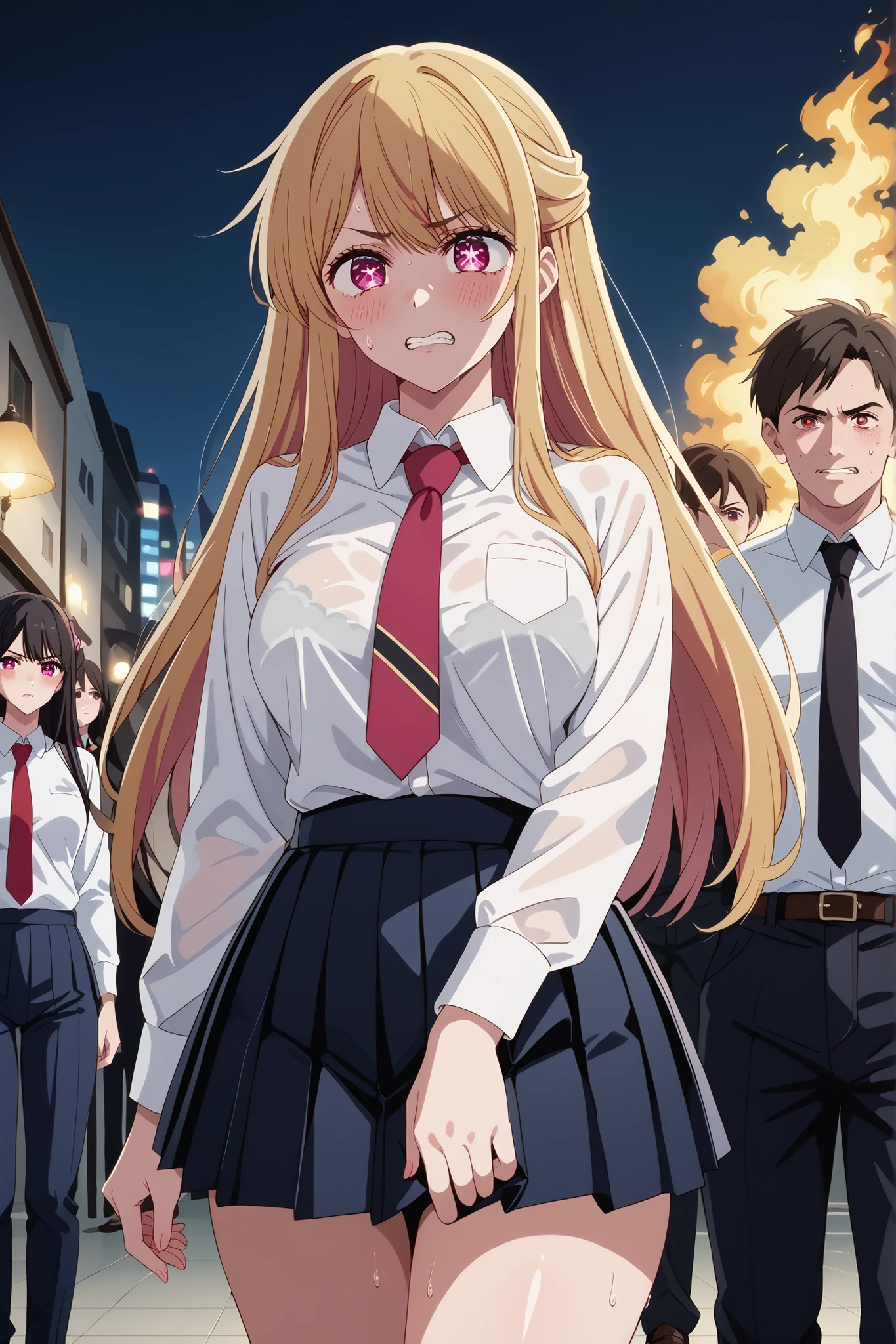 score_9, score_8_up, score_7_up, source_anime, 4K,perfect fingers,(perfect hands, perfect anatomy),prefect lighting, very aesthetic, intricate details,highly detailed background, masterpiece, high quality, best quality,
1girl, rubyhoshino, ruby hoshino, long hair, bangs, blonde hair, pink eyes, sidelocks, symbol-shaped pupils, multicolored hair, two-tone hair, Large breast,dense chest,
wearing ((Black Sexy Lingerie, White shirt, tie, Pants visible from short pleated skirt, )) ,,
Crowded train, girl, lifting her, Pubic hair visible, Dark gray background, (with one girl's immediately open legully open legs with Big breasts, Leaning on her from behind、An old man holding himself in various poses. , Blushing, Troubled eyebrows, Rough breath, Clenching teeth, Burning face, heart pupils, full of sweat, Whole body wet, Bending knees, Reluctance, Watery eyes, Big, soaked,