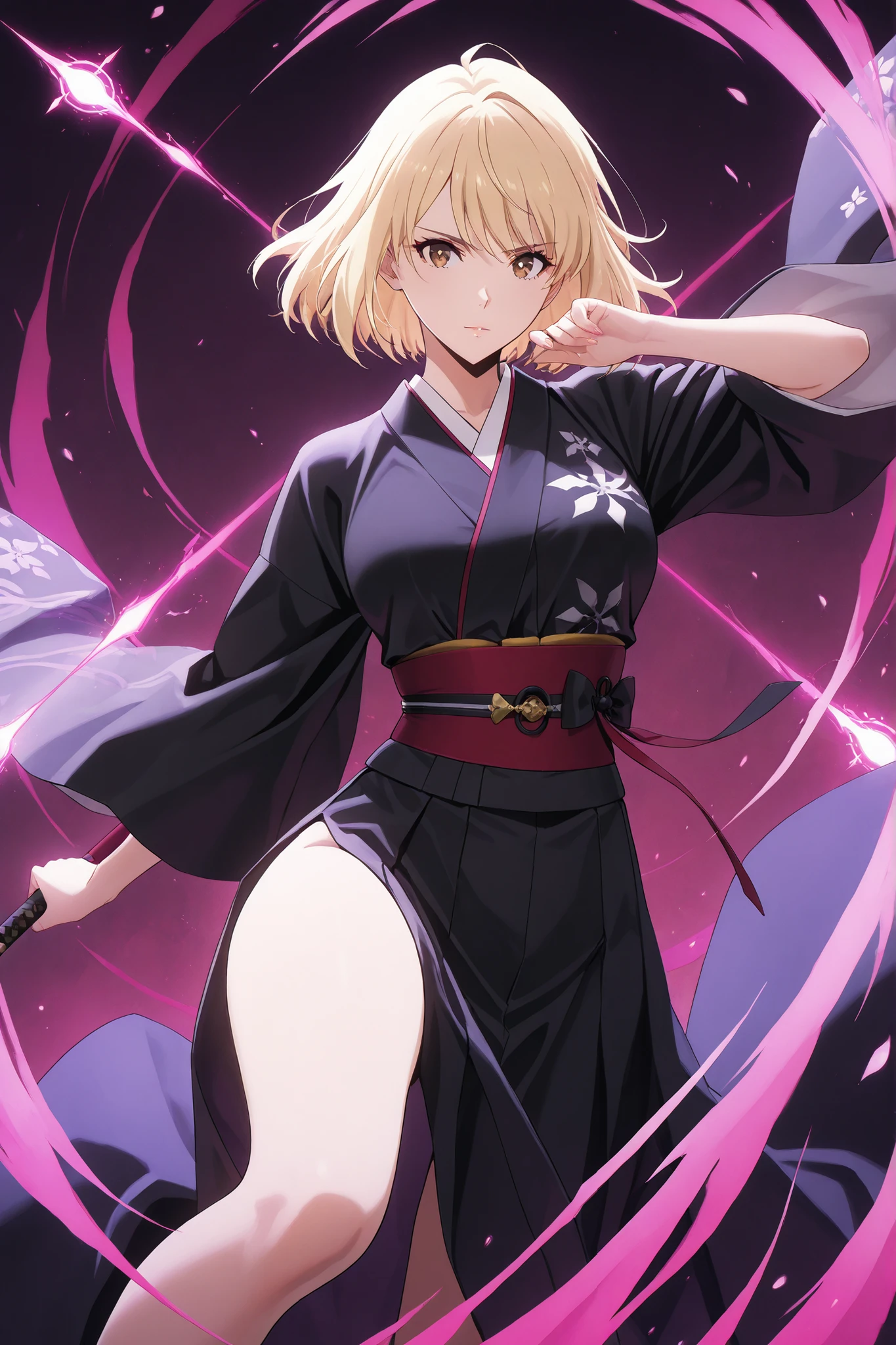 masterpiece, ultra-detailed, 4k, HD, perfect lighting, best quality, Cha Hae-In, short blonde hair, elegant and confident expression, brown eyes, wearing Japanese clothes, black kimono, refined 5th Division Shinigami outfit with intricate designs, artistic Japanese style, dynamic and graceful pose, ethereal background with glowing reishi, vibrant colors, soft shadows, serene yet powerful aura, strategic and disciplined stance, mastery of magic, floating energy symbols around her, a mystical and noble presence, solo, medium breast