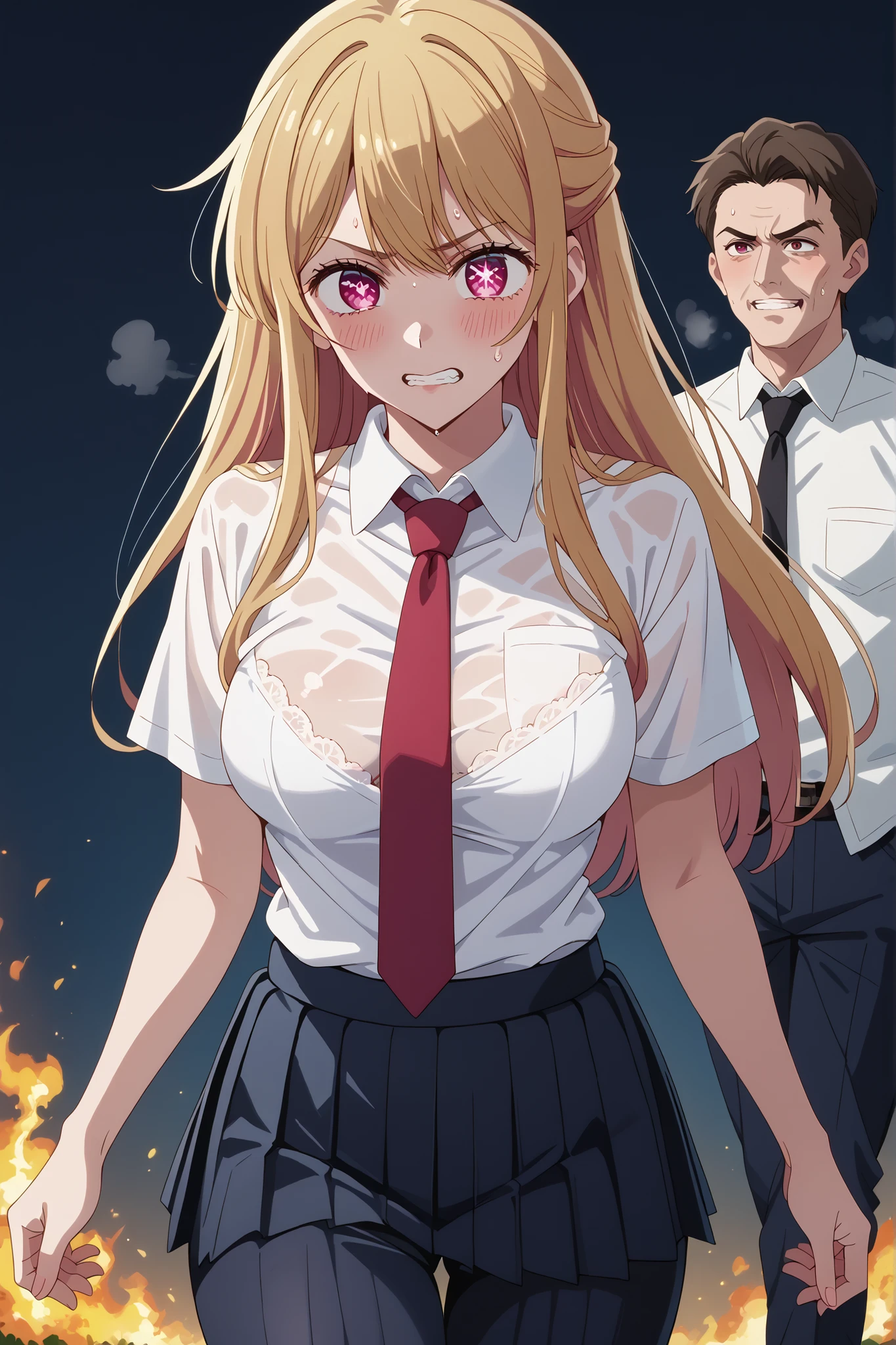 score_9, score_8_up, score_7_up, source_anime, 4K,perfect fingers,(perfect hands, perfect anatomy),prefect lighting, very aesthetic, intricate details,highly detailed background, masterpiece, high quality, best quality,
1girl, rubyhoshino, ruby hoshino, long hair, bangs, blonde hair, pink eyes, sidelocks, symbol-shaped pupils, multicolored hair, two-tone hair, Large breast,dense chest,
wearing ((Black Sexy Lingerie, White shirt, tie, Pants visible from short pleated skirt, )) ,,
Crowded train, girl, lifting her, Pubic hair visible, Dark gray background, (with one girl's immediately open legully open legs with Big breasts, Leaning on her from behind、An old man holding himself in various poses. , Blushing, Troubled eyebrows, Rough breath, Clenching teeth, Burning face, heart pupils, full of sweat, Whole body wet, Bending knees, Reluctance, Watery eyes, Big, soaked,