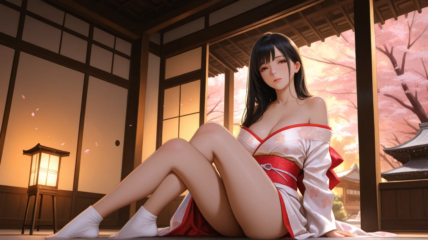 woman,Handsome, ink,Black hair,Delicate eyes,Black and red vintage open-chested brocade hanfu,spread their legs