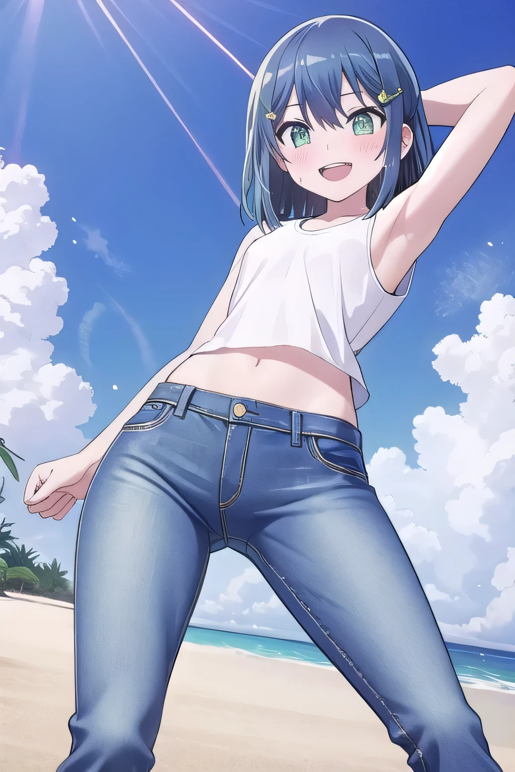 masterpiece, best quality, ultra detail, ((Perfect Face, perfect eyes, perfect hair, perfect arm)), 1girl, o, petite, ((round face, ecstasy, orgasm face, drooping eyes, shame smiling, blush)), dropping eyes, sleepy, Open mouth, ((White teeth)), background((under the beach, (day:1.2), ocean, bright sky)), kurokawa_akane, (green eyes:1.2), (blue hair:1.2), crossed bangs, hair between eyes, hair ornament, (short hair:1.4), (straight hair:1.7), ((arms behind head, hands behind head, fingers behind head)), ((contrapposto)), spread armpits, looking at viewer, (white tank top:1.2), (white crop top:1.2), (jeans pants:1.2, flares jeans:1.2, skinny jeans:1.2, blue jeans:1.2), standing, (legs spread:1.4), sex pose, Sweaty crotch, Steam from the crotch, from below, whole body