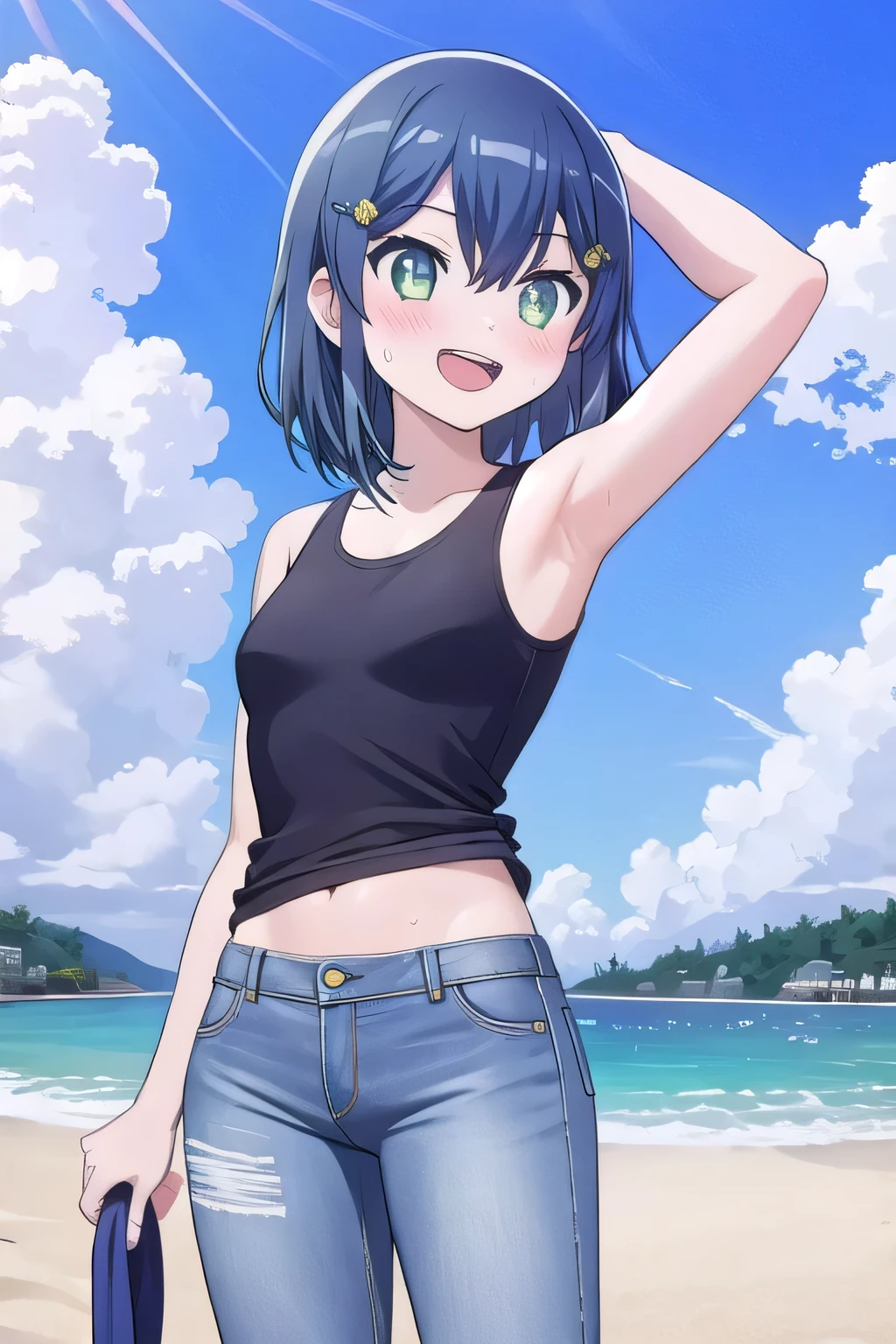 masterpiece, best quality, ultra detail, ((Perfect Face, perfect eyes, perfect hair, perfect arm)), 1girl, o, petite, ((round face, ecstasy, orgasm face, drooping eyes, shame smiling, blush)), dropping eyes, sleepy, Open mouth, ((White teeth)), background((under the beach, (day:1.2), ocean, bright sky)), kurokawa_akane, (green eyes:1.2), (blue hair:1.2), crossed bangs, hair between eyes, hair ornament, (short hair:1.4), (straight hair:1.7), ((arms behind head, hands behind head, fingers behind head)), ((contrapposto)), spread armpits, looking at viewer, (white tank top:1.2), (white crop top:1.2), (jeans pants:1.2, flares jeans:1.2, skinny jeans:1.2, blue jeans:1.2), standing, (legs spread:1.4), sex pose, Sweaty crotch, Steam from the crotch, from below, whole body